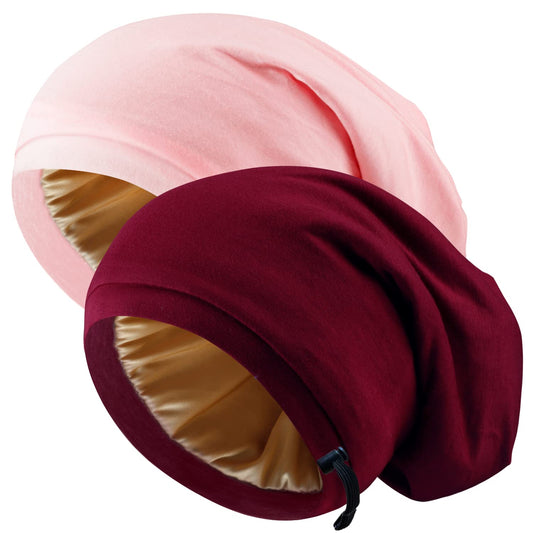 2 Pcs Adjustable Silk Satin Night Cap, Women's Men's Sleep Cap, Silk Lined Slouchy with Adjustable Strap, Curly Hair Head Scarf, Night Caps, Black+blue2