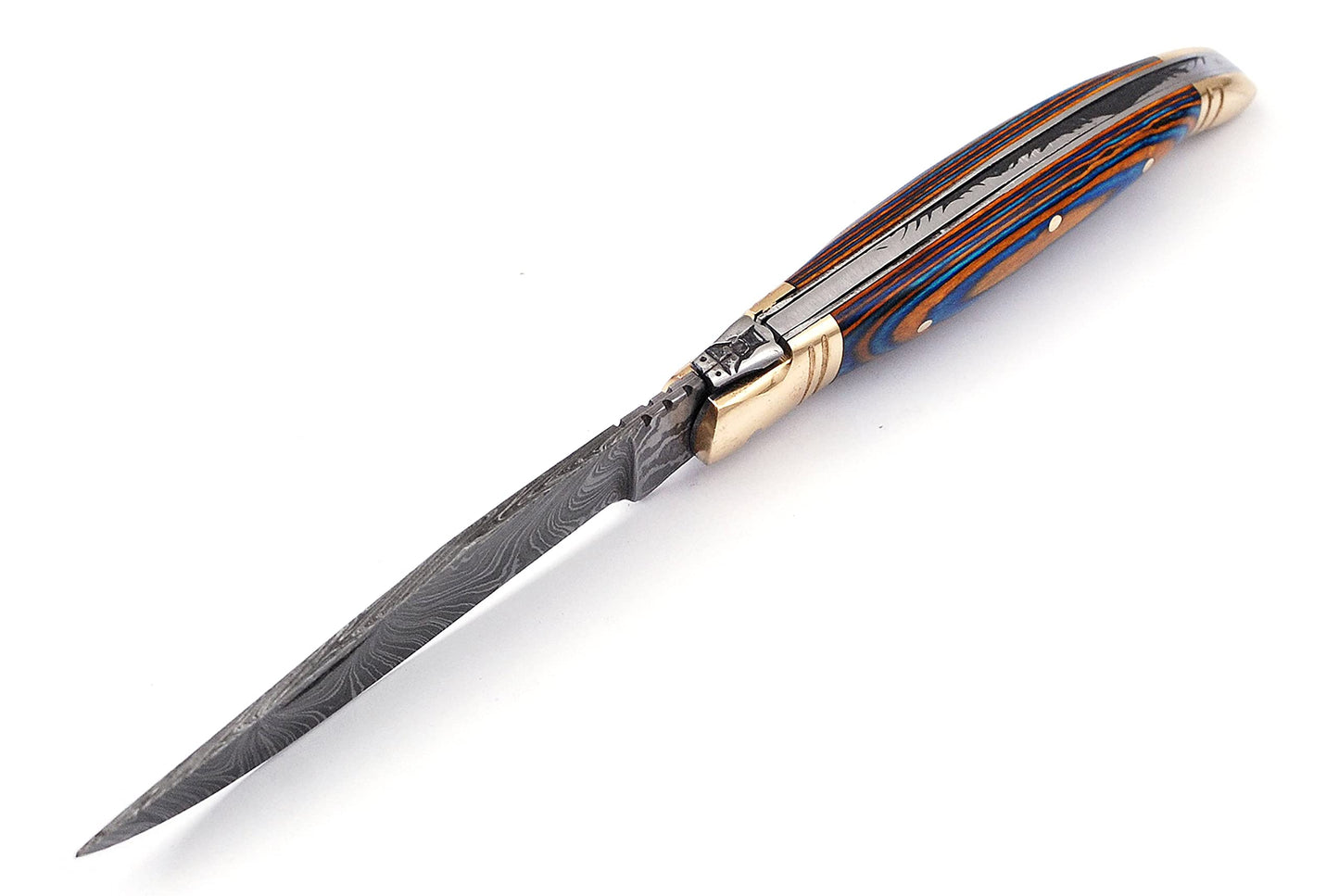 Damascus steel folding knife with leather sheath, 8.5 inches long laguiole pocket knife with 4 inches long Damascus steel Blade, 4.5 inches Blue multi colored wood scale with Brass bolster and pommel,