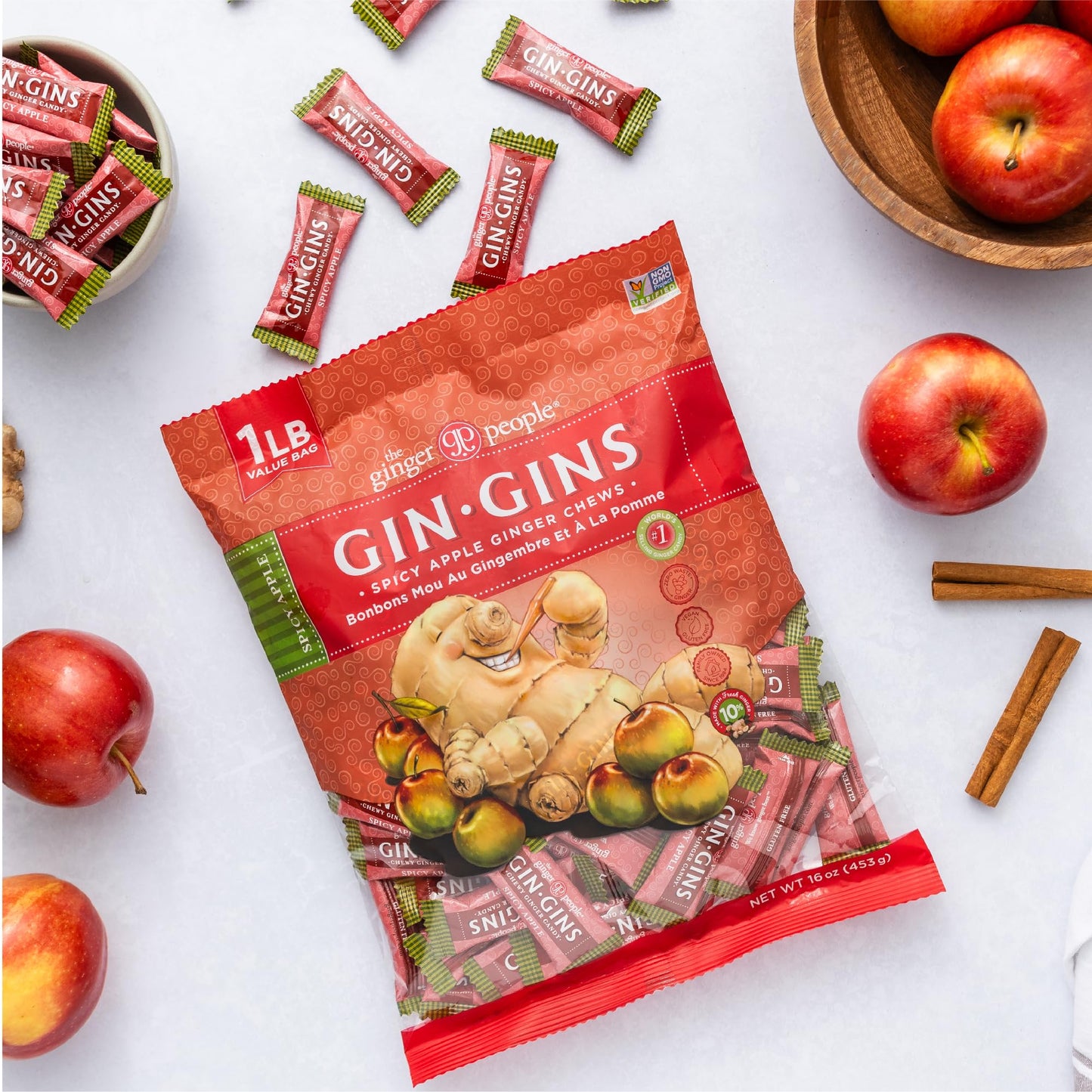 GIN GINS Spicy Apple Ginger Chews – Natural Fresh Ginger Candy by The Ginger People – Individually Wrapped Healthy Candy – Spicy Apple Ginger Flavor – Large 1 lb Bag (16oz) – Pack of 1