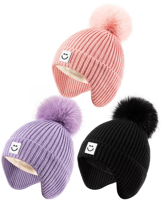 3 Pack Baby Winter Hats with Earflaps, 2 Size Kids Pom Pom Beanie for Infant Toddler Children, Smiley Face Hat for Girls Boys