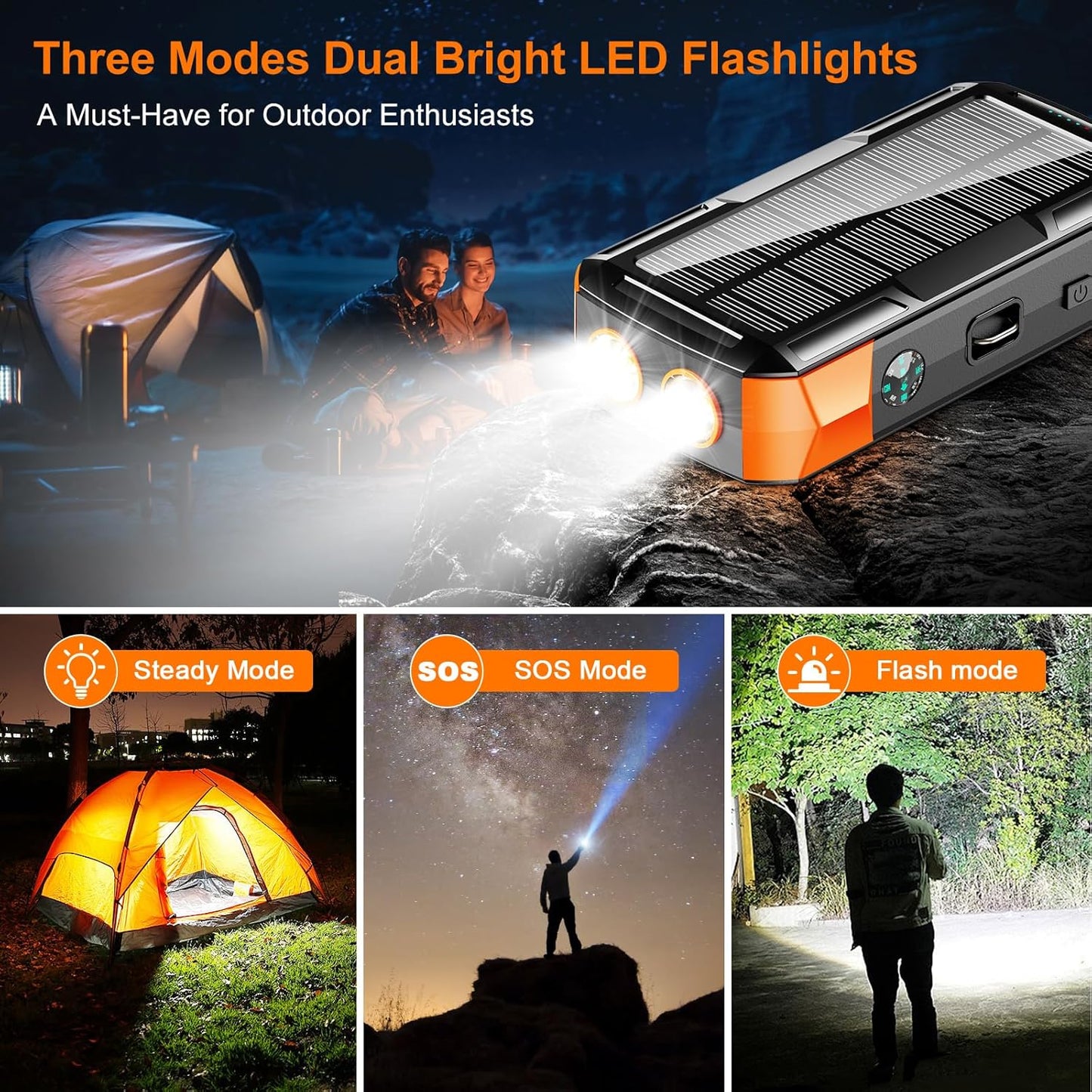 Solar Charger Power Bank 73200mAh, Portable Laptop Charger with 100W USB-C in/Output, Built-in Cables, Hand Crank Power Bank for Mobile Phones, Ideal for Outdoor Use with SOS/Strobe/Strong (orange)