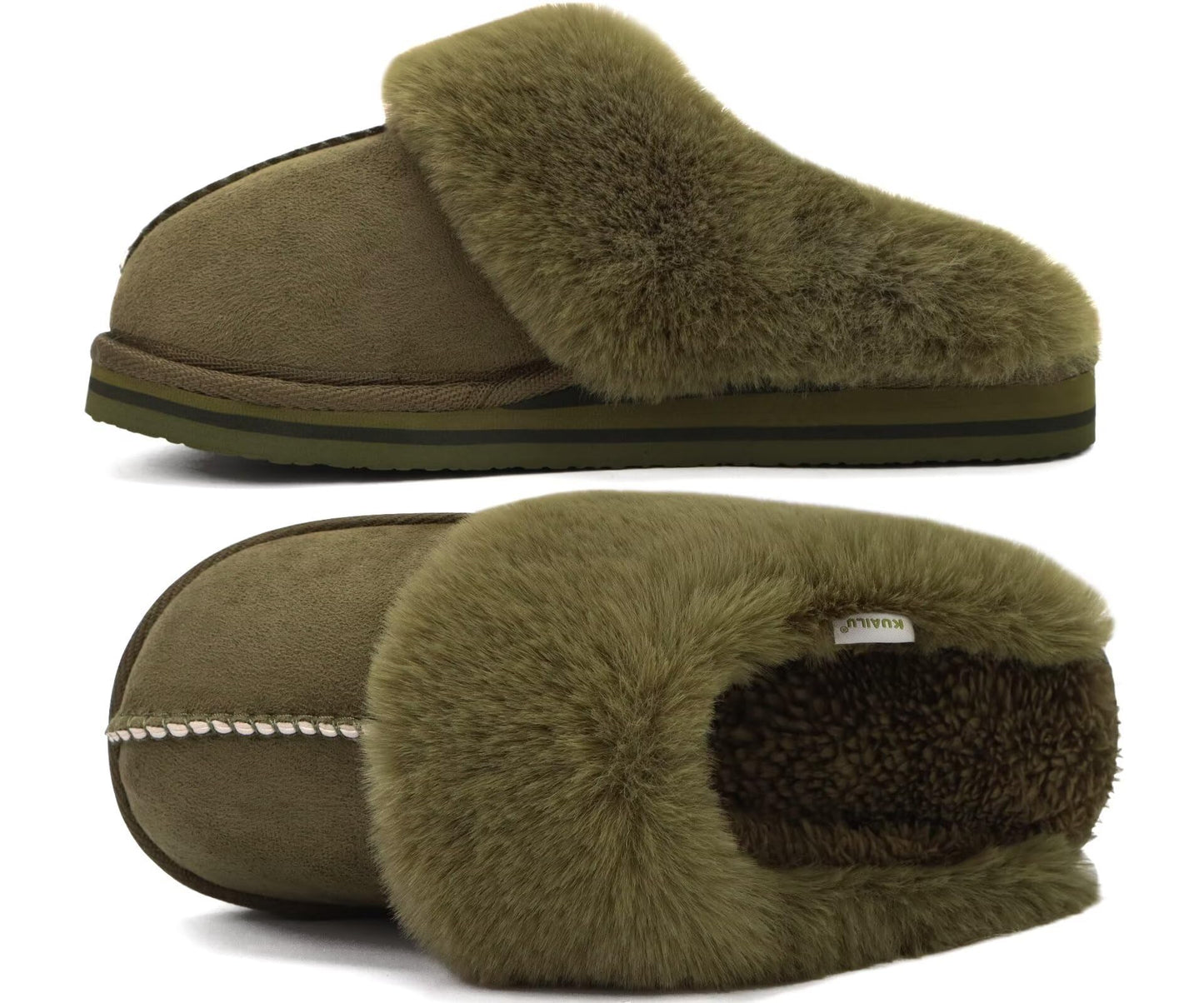 KuaiLu Womens Fluff Dual Memory Foam Slippers Ladies Cozy Arch Support Warm Scuff Slippers Slip on Comfy Winter House Shoes with Non-Slip Indoor Outdoor Hard Sole
