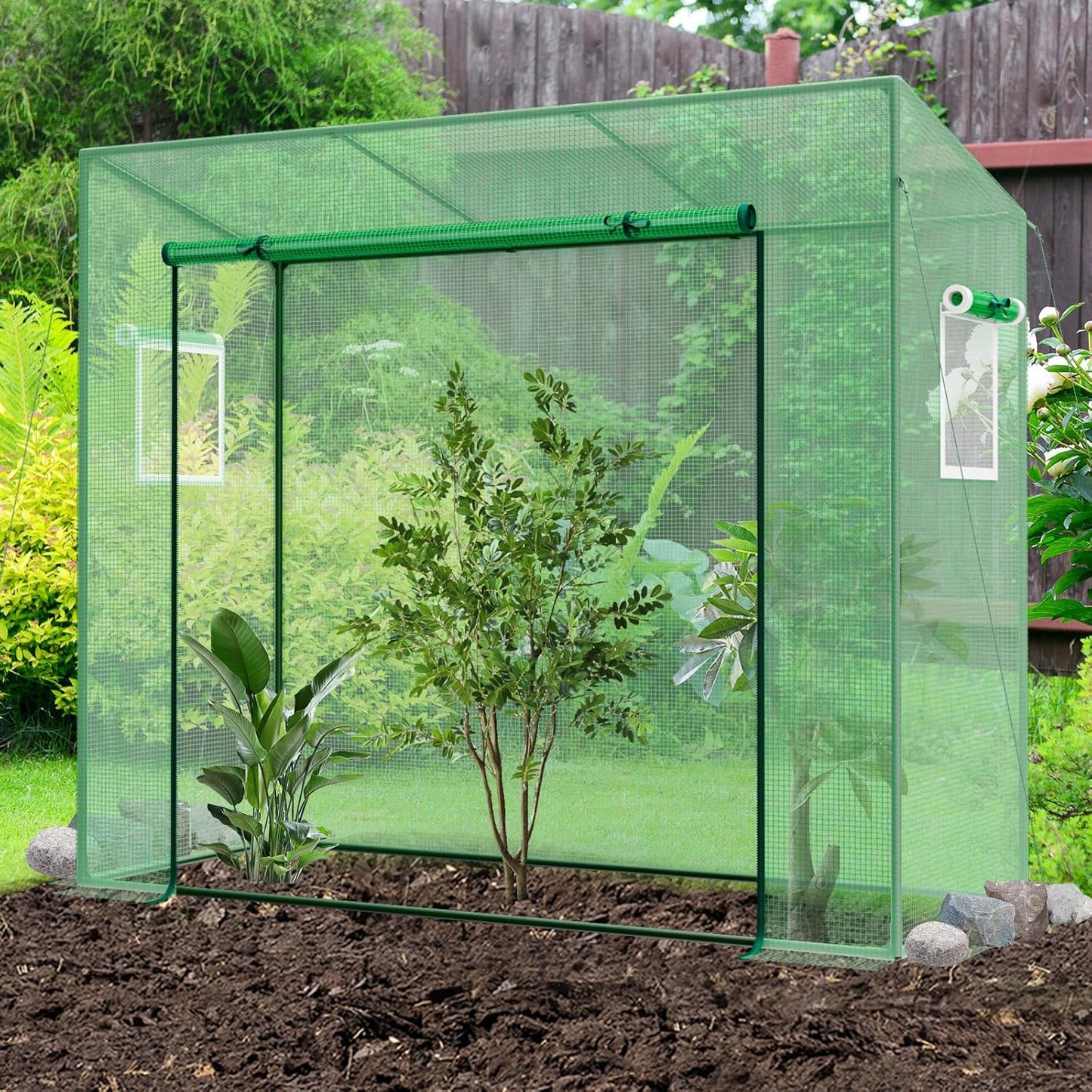 Happygrill Mini Greenhouse, Walk-in Greenhouse w/PE Cover, 4 Wind Ropes & Ground Stakes, Roll-up Zipper Door, Double-Layer Screen Windows, Portable Small Greenhouses for Outdoors, 6.6 x 2.5 x 5.6 FT