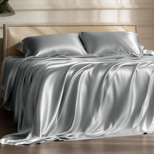 Bedsure Black Satin Sheets Queen Size - 4 Piece Silky Bedsheets with Elastic Corner Straps and 15 Inches Deep Pocket Fitted Bedsheet,1 Flat Sheet, 2 Satin Pillowcases, Good for Hair& Skin(Queen,Black)