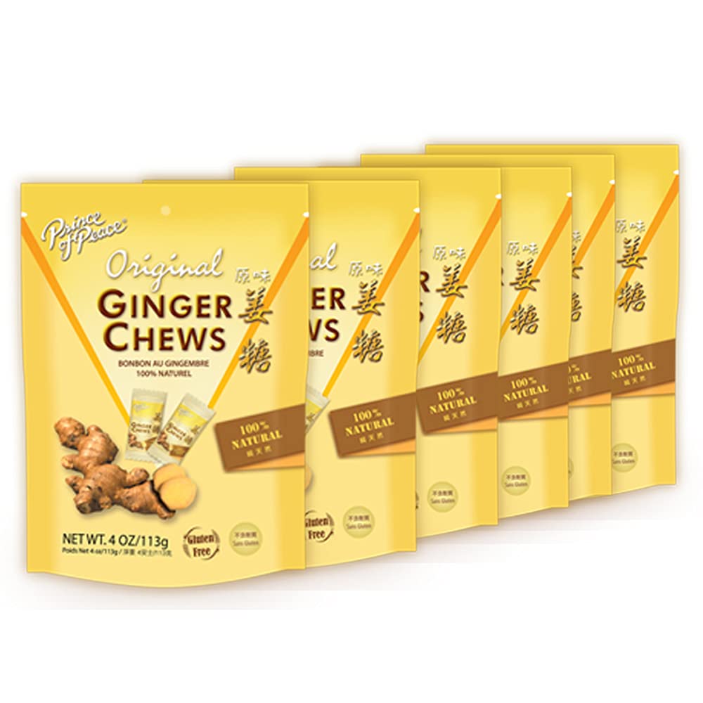 Prince of Peace Original Ginger Chews, 4 oz. – Candied Ginger – Candy Pack – Ginger Chews Candy – Natural Candy – 6 Pack