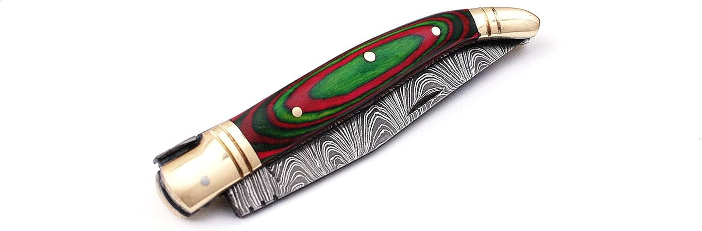 Damascus steel folding knife with leather sheath, 8.5 inches long laguiole pocket knife with 4 inches long Damascus steel Blade, 4.5 inches Blue multi colored wood scale with Brass bolster and pommel,