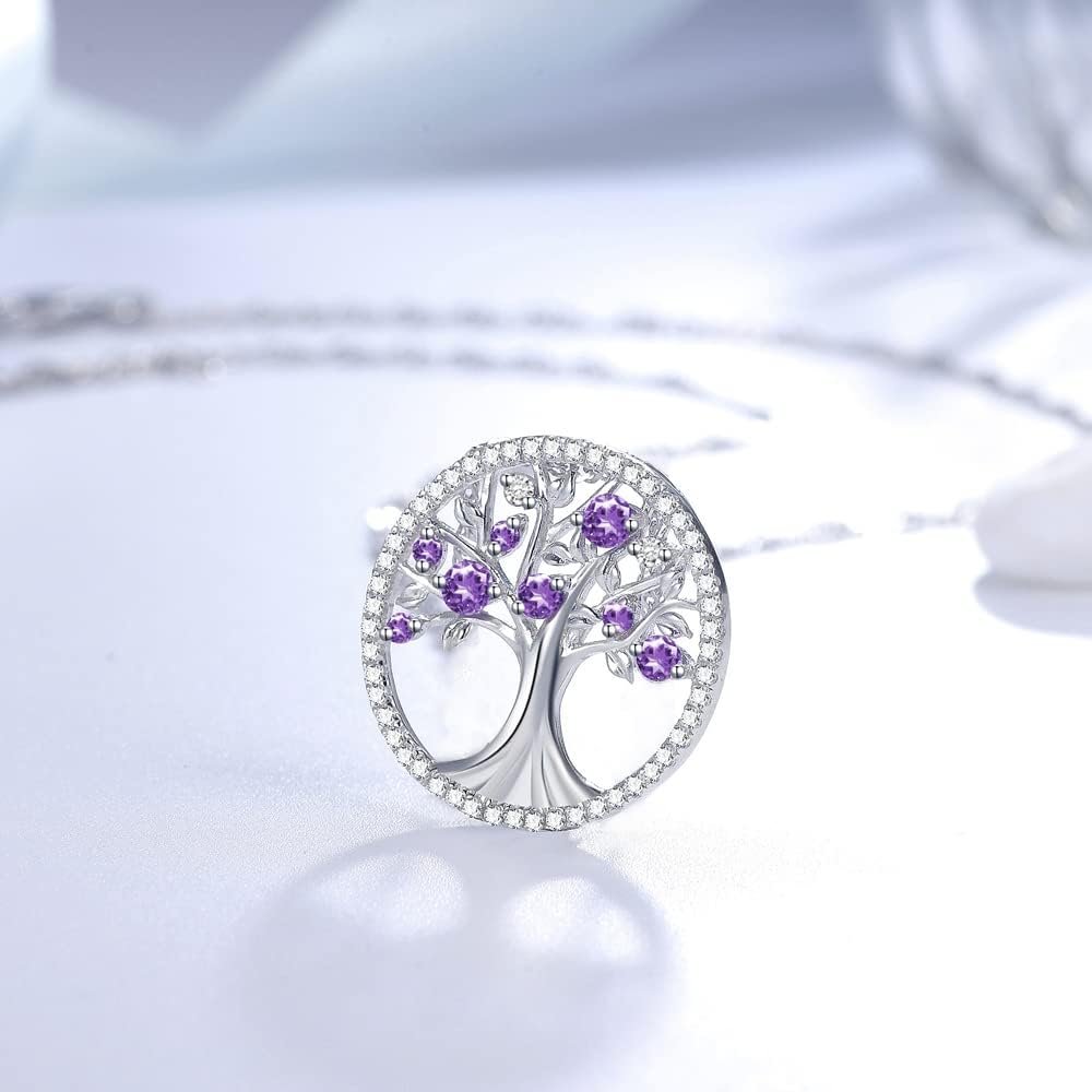 Tree of Life Necklace Birthday Gifts for Wife Mom January February Birthstones Necklace Garnet Amethyst and More Stones Jewelry 925 Sterling Silver