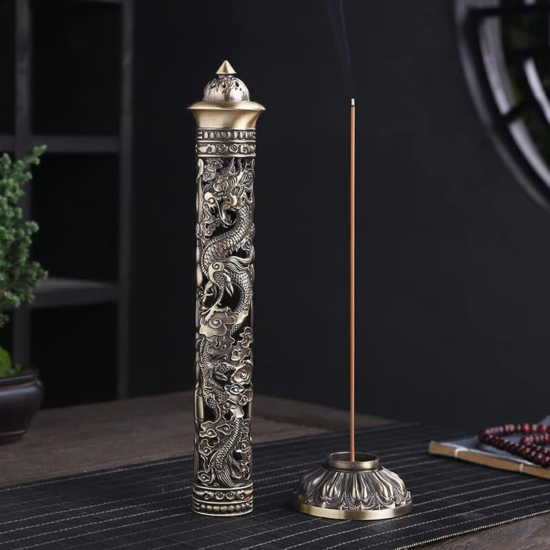 Vertical Incense Burner, Retro Incense Tower Holder Brass Stick Incense Holder Incense Burner with Dragon Phoenix Pattern for Home Office Yoga Meditation, 8.5x7cm/3.3x2.8in