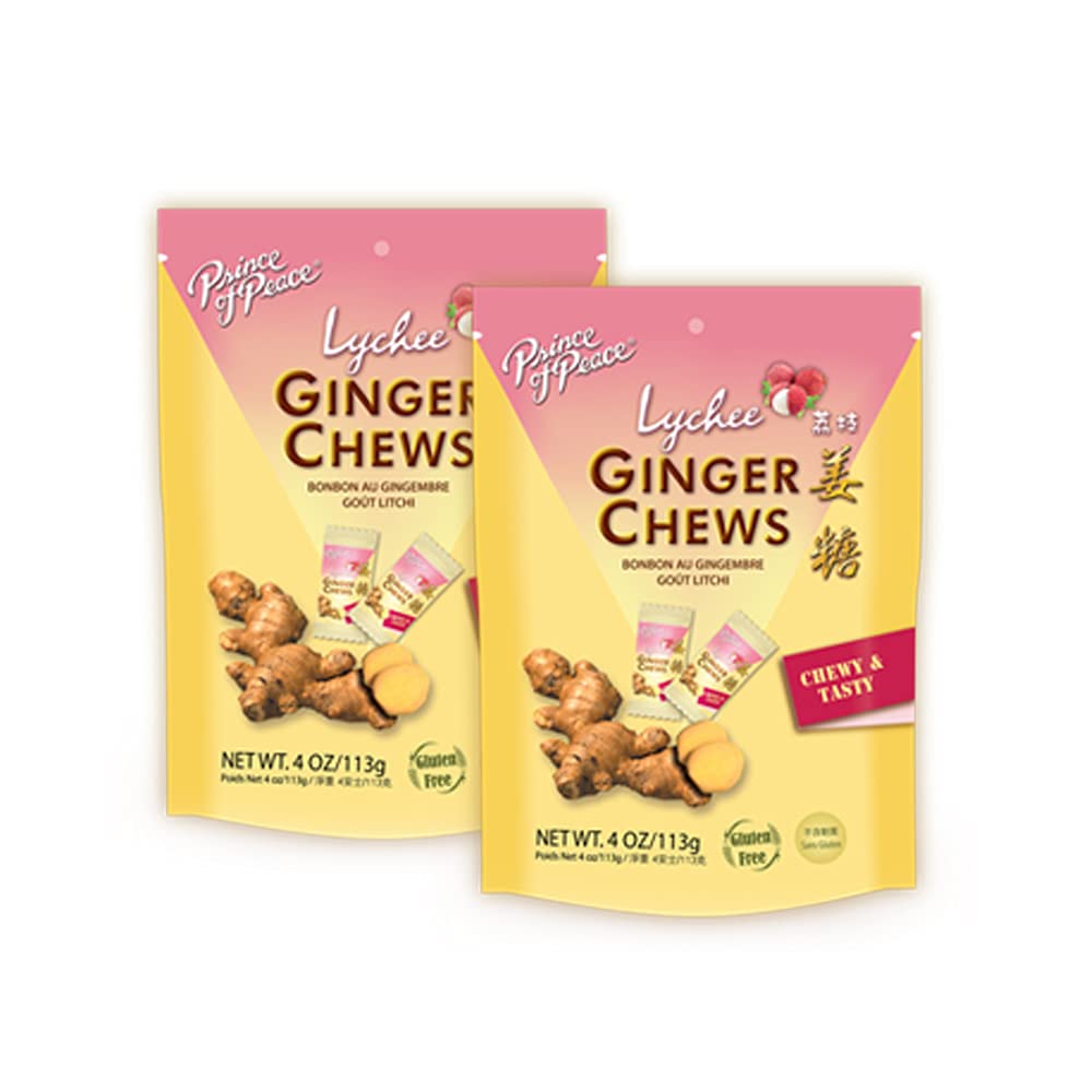 Prince of Peace Ginger Chews with Lychee, 4 oz. – Candied Ginger – Lychee Flavored Candy – Lychee Ginger Chews