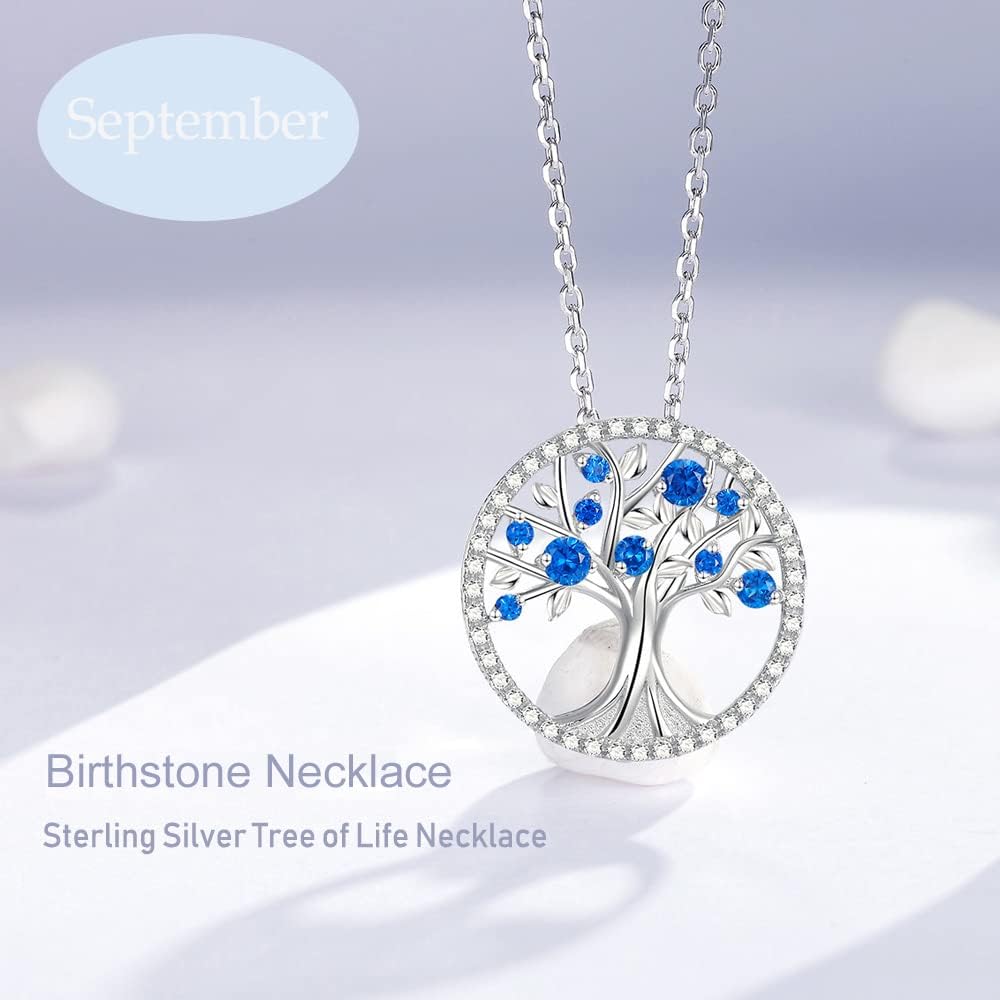 Tree of Life Necklace Birthday Gifts for Wife Mom January February Birthstones Necklace Garnet Amethyst and More Stones Jewelry 925 Sterling Silver