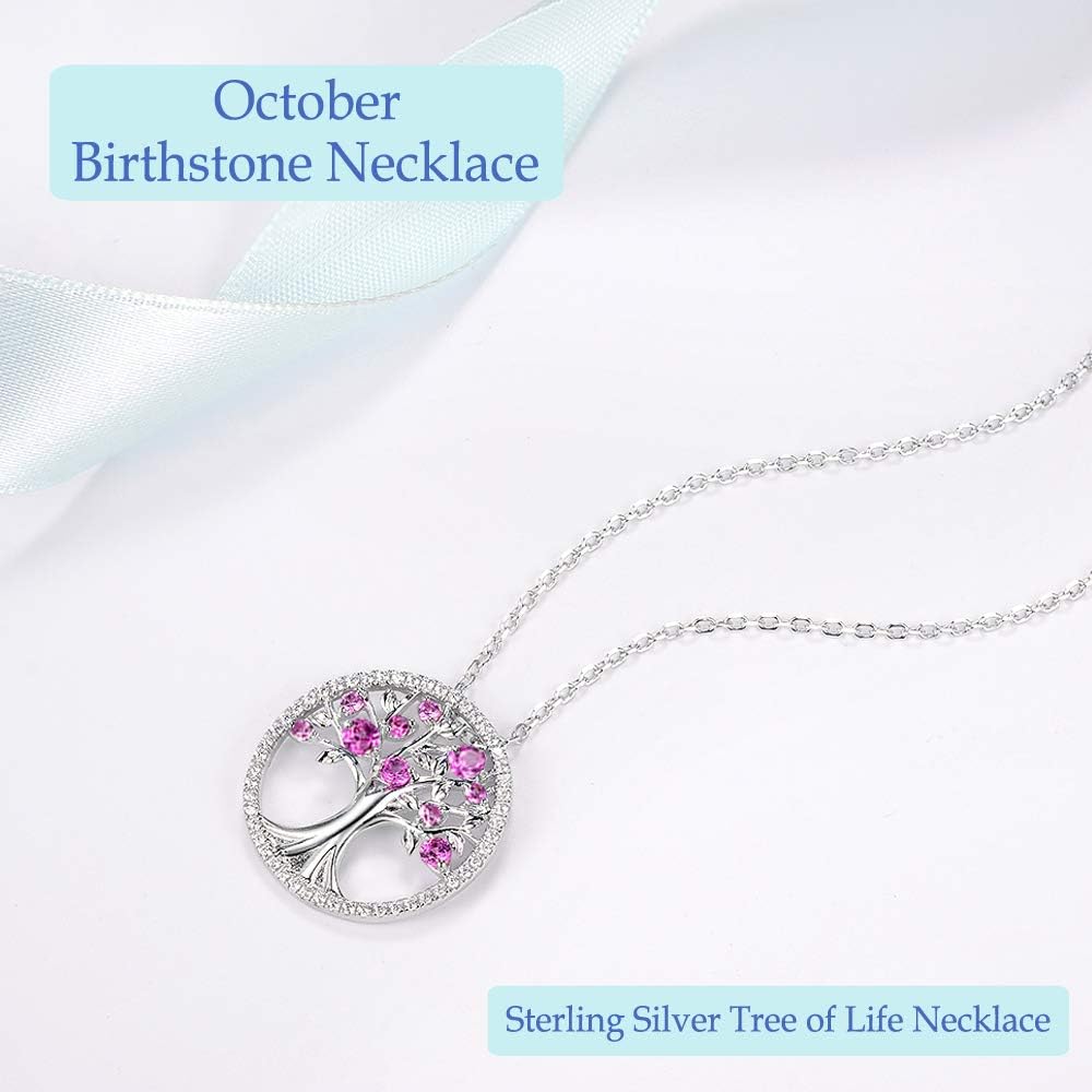 Tree of Life Necklace Birthday Gifts for Wife Mom January February Birthstones Necklace Garnet Amethyst and More Stones Jewelry 925 Sterling Silver