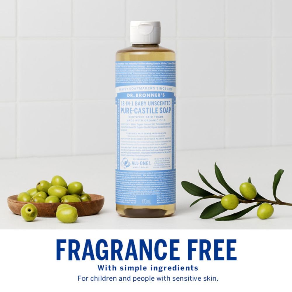 Dr. Bronner's Pure-Castile Magic Liquid Soap - Made with Regenerative Organic Certified Oils - 18-in-1 Uses for Face, Body, Hand Gentle on Baby & Sensitive Skin Body Wash Unscented,32oz
