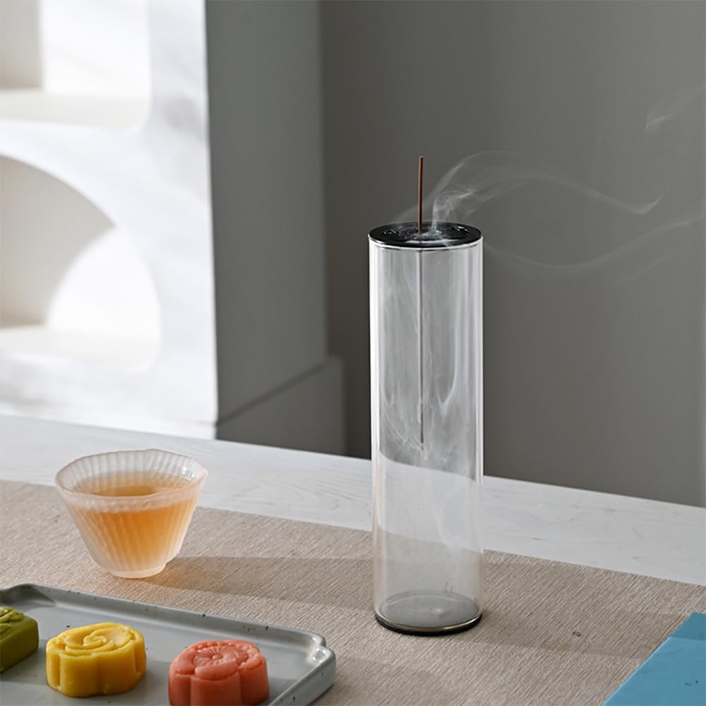 Glass Incense Holder with Ash Catcher, Fireproof Incense Burner for Aromatherapy Meditation Yoga Spa Room Decor - No Mess, Black