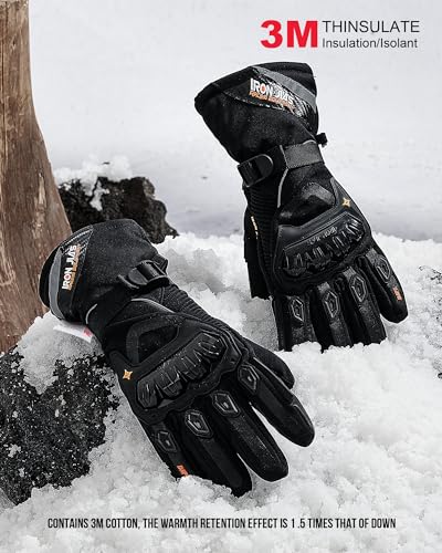 IRON JIA'S Motorcycle Gloves Winter Cold Weather Warm Touchscreen Waterproof Windproof Protective Gear (Black, L)