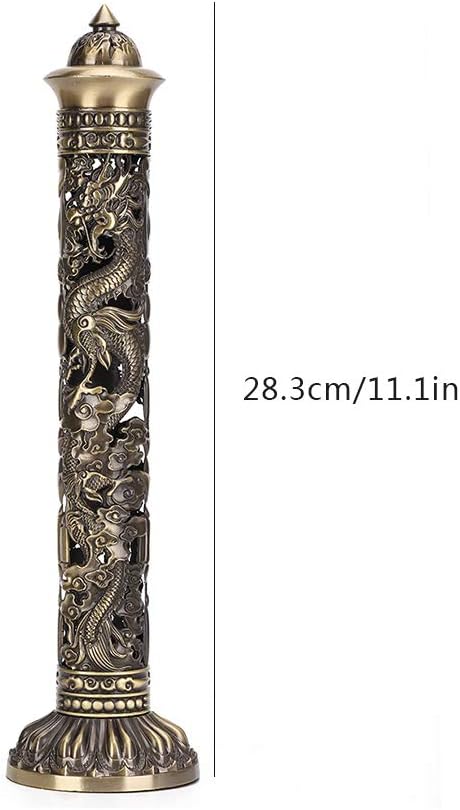 Vertical Incense Burner, Retro Incense Tower Holder Brass Stick Incense Holder Incense Burner with Dragon Phoenix Pattern for Home Office Yoga Meditation, 8.5x7cm/3.3x2.8in