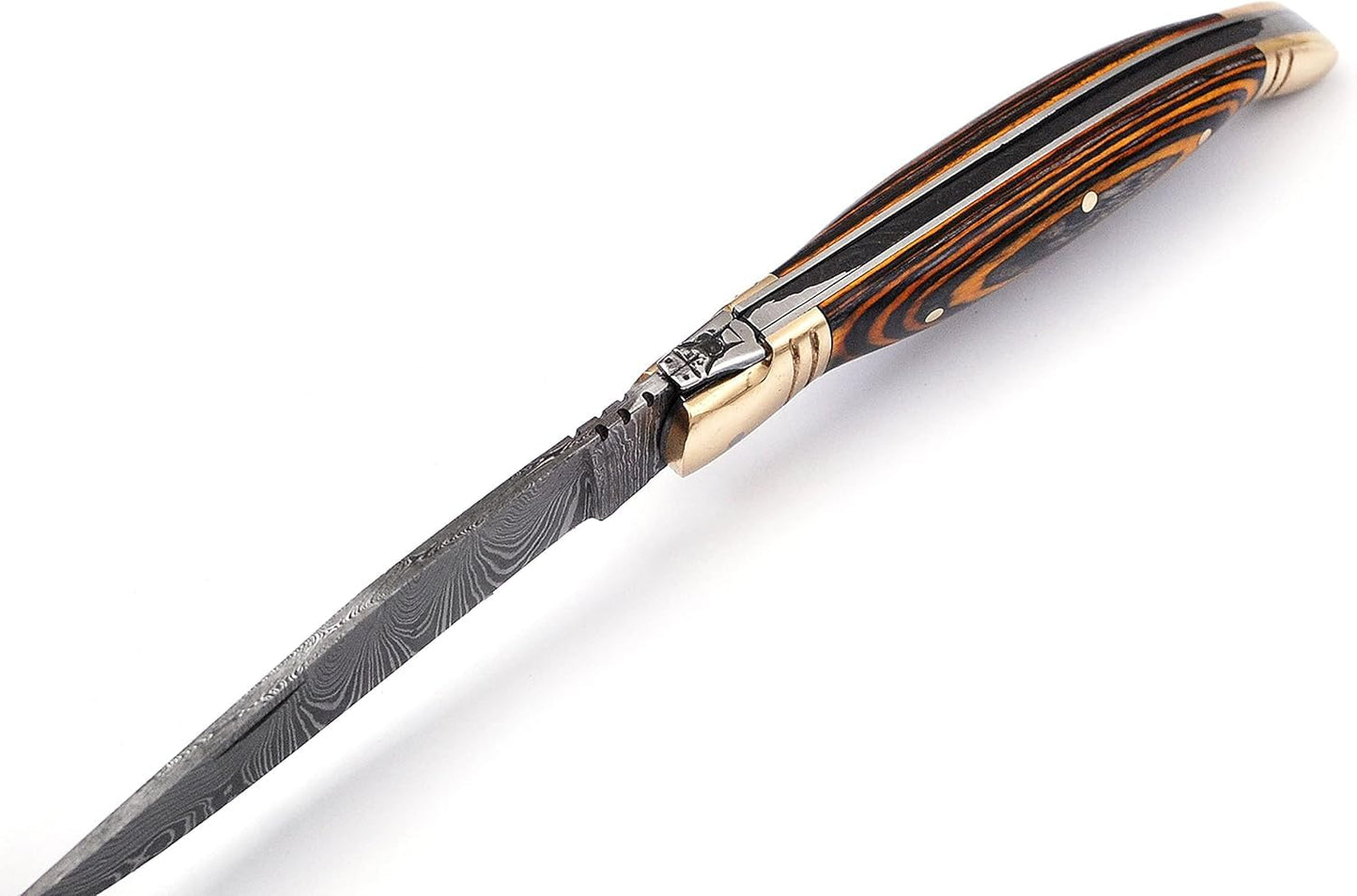 Damascus steel folding knife with leather sheath, 8.5 inches long laguiole pocket knife with 4 inches long Damascus steel Blade, 4.5 inches Blue multi colored wood scale with Brass bolster and pommel,