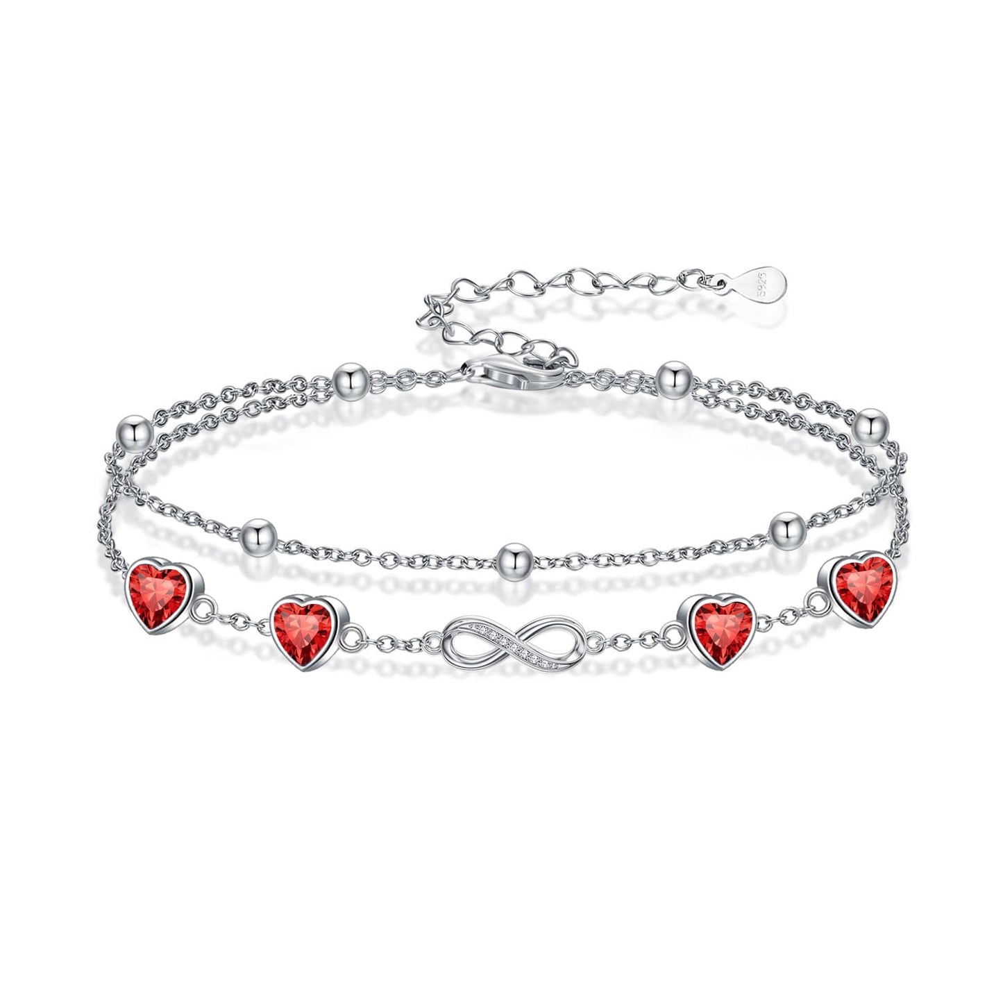 DAMOOR 925 Sterling Silver Infinity Heart Birthstone Anklet Bracelets for Women Layered Anklets Bracelets Birthday Jewelry for Her