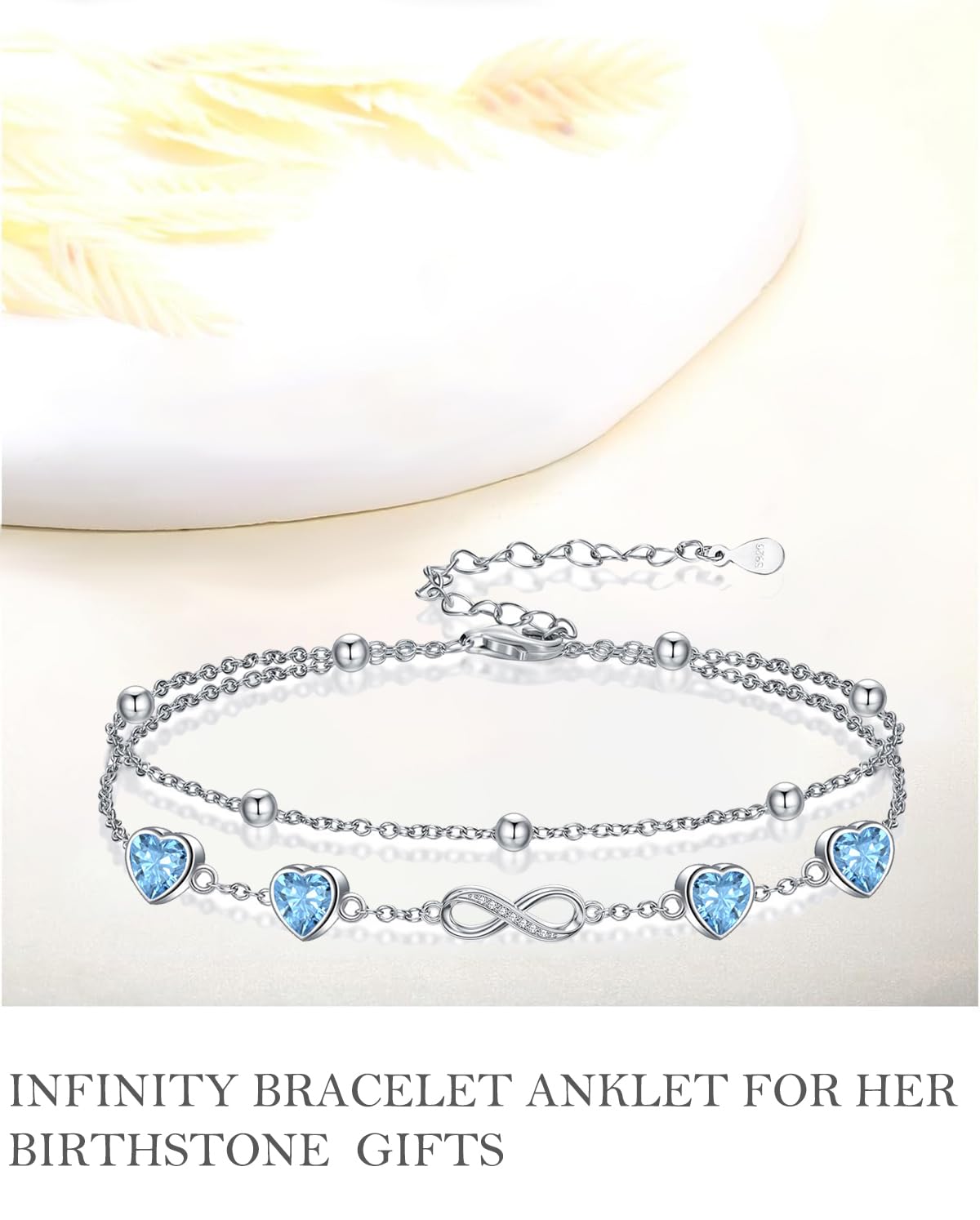 DAMOOR 925 Sterling Silver Infinity Heart Birthstone Anklet Bracelets for Women Layered Anklets Bracelets Birthday Jewelry for Her