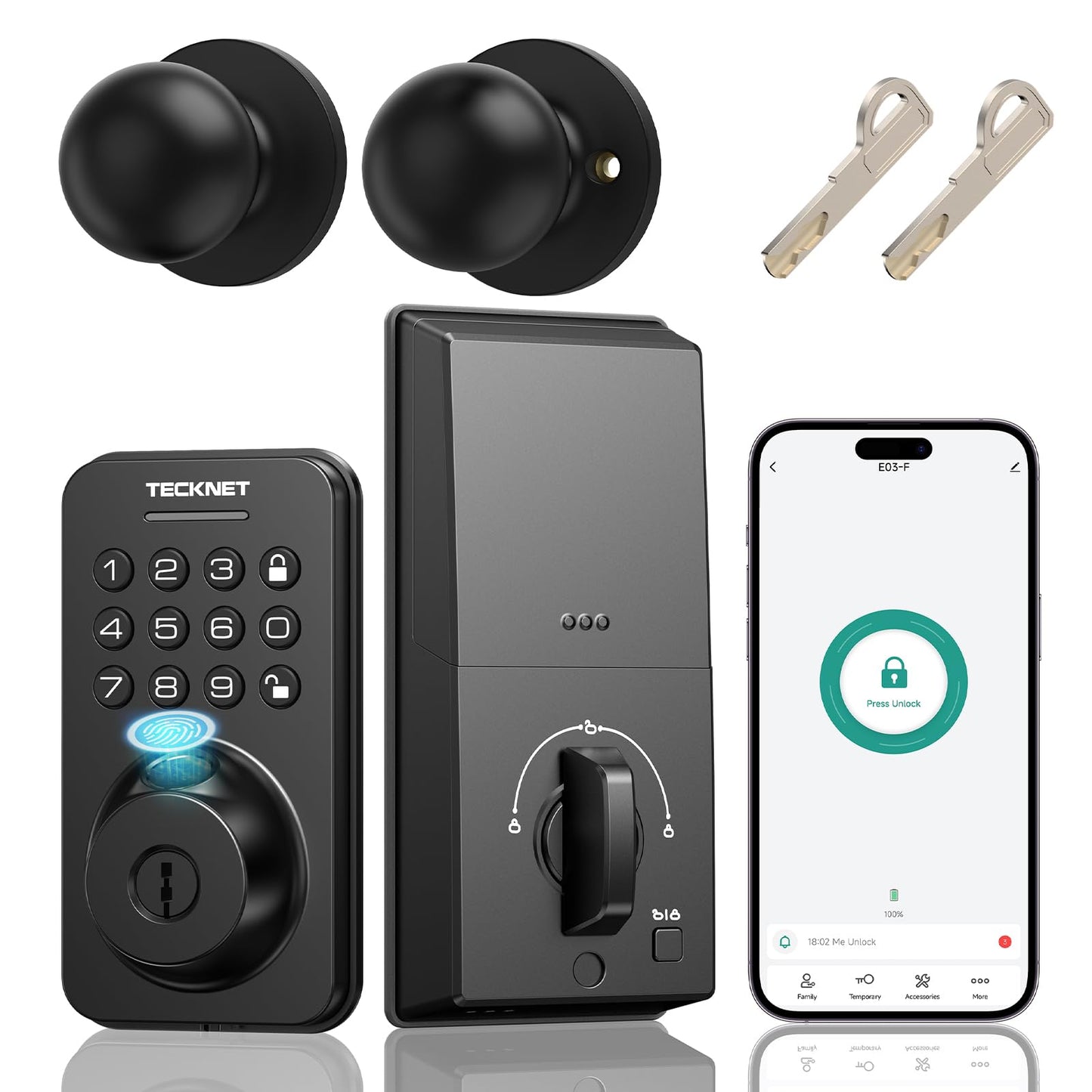 Keyless Entry Door Lock with Handle, Fingerprint Keypad Deadbolt with Handle Set, Smart Door Locks for Front Door with App Control, Auto-Lock, One-Time Code, Easy to Install