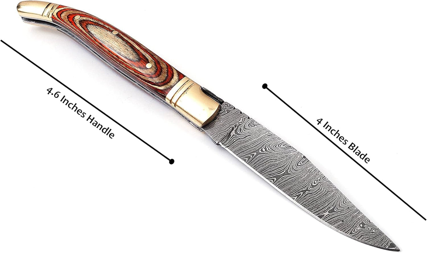 Damascus steel folding knife with leather sheath, 8.5 inches long laguiole pocket knife with 4 inches long Damascus steel Blade, 4.5 inches Blue multi colored wood scale with Brass bolster and pommel,