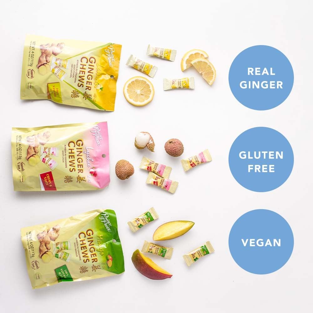 Prince of Peace Ginger Chews Assorted Flavors, 2.2 lb. (Mango, Blood Orange, Pineapple Coconut, Lychee) Candied Ginger – Candy Pack – Ginger Chews Candy - Gluten Free