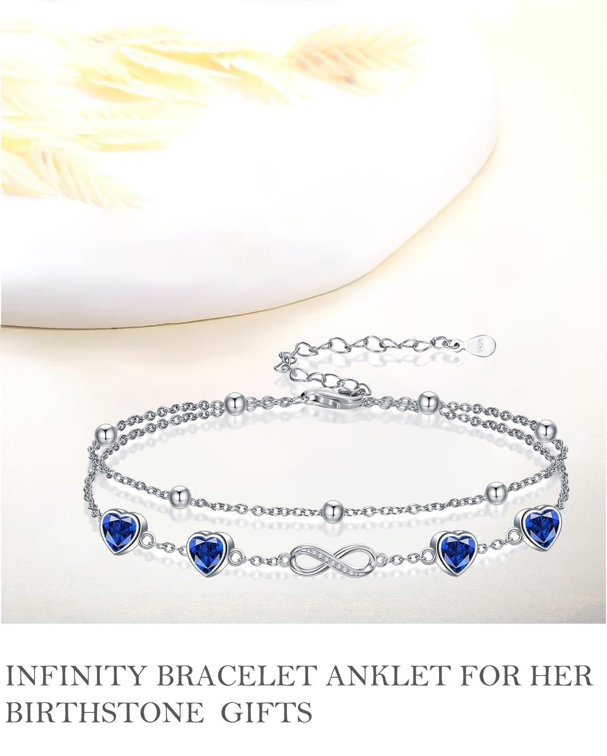 DAMOOR 925 Sterling Silver Infinity Heart Birthstone Anklet Bracelets for Women Layered Anklets Bracelets Birthday Jewelry for Her