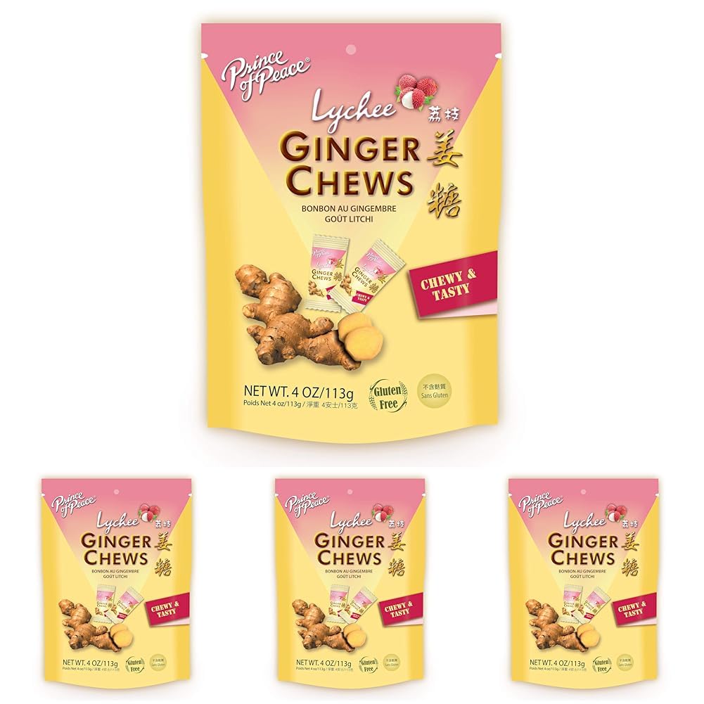 Prince of Peace Ginger Chews with Lychee, 4 oz. – Candied Ginger – Lychee Flavored Candy – Lychee Ginger Chews