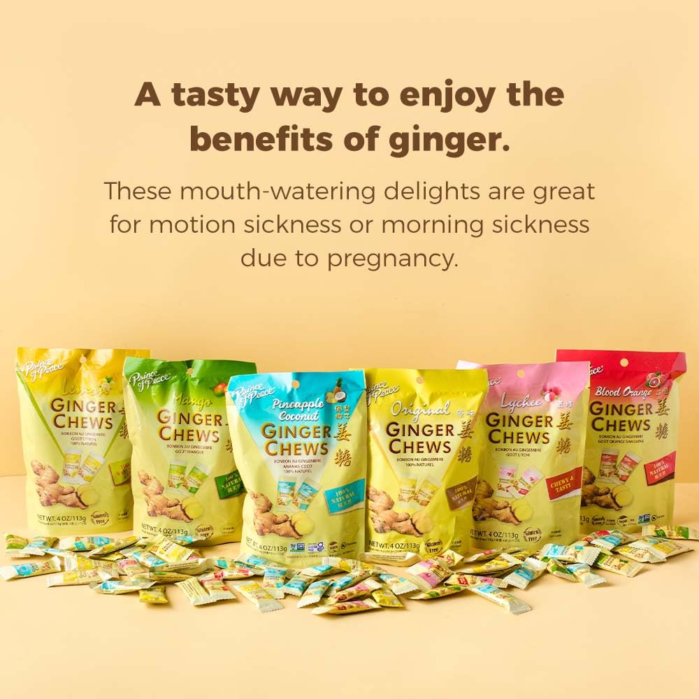 Prince of Peace Ginger Chews Assorted Flavors, 2.2 lb. (Mango, Blood Orange, Pineapple Coconut, Lychee) Candied Ginger – Candy Pack – Ginger Chews Candy - Gluten Free
