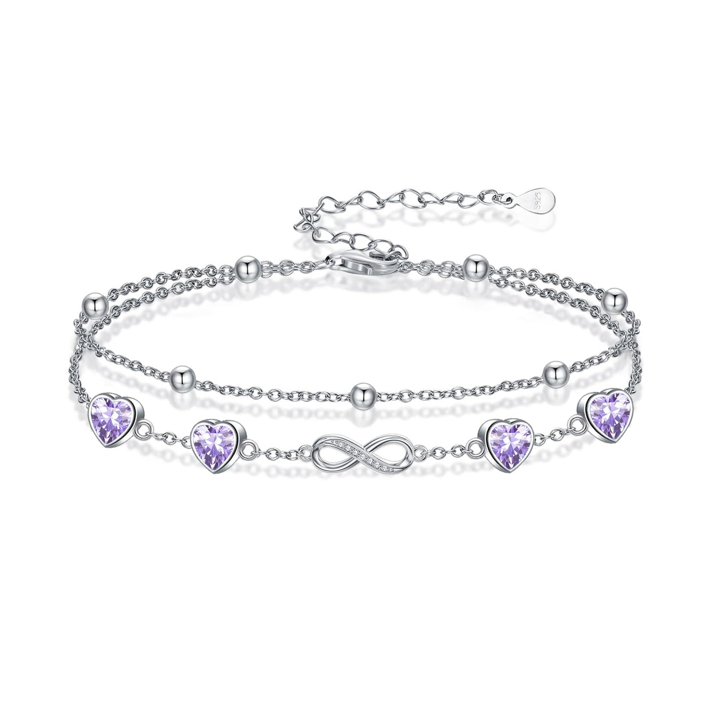 DAMOOR 925 Sterling Silver Infinity Heart Birthstone Anklet Bracelets for Women Layered Anklets Bracelets Birthday Jewelry for Her