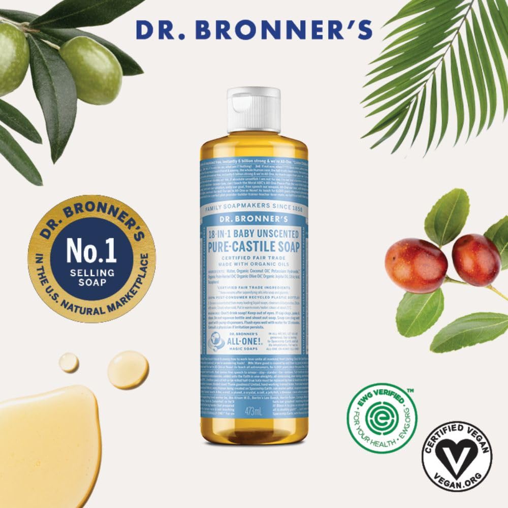 Dr. Bronner's Pure-Castile Magic Liquid Soap - Made with Regenerative Organic Certified Oils - 18-in-1 Uses for Face, Body, Hand Gentle on Baby & Sensitive Skin Body Wash Unscented,32oz