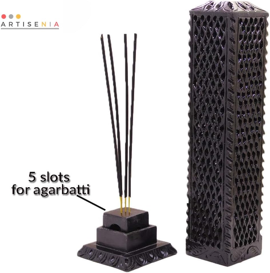Handmade Black Soapstone Incense Stick Tower Holder | Marble Incense Stick Tower Burner Holder Spa Aromatherapy Home Office Fragrance Accessories Home Office Decor - (11 X 3 Inches)j