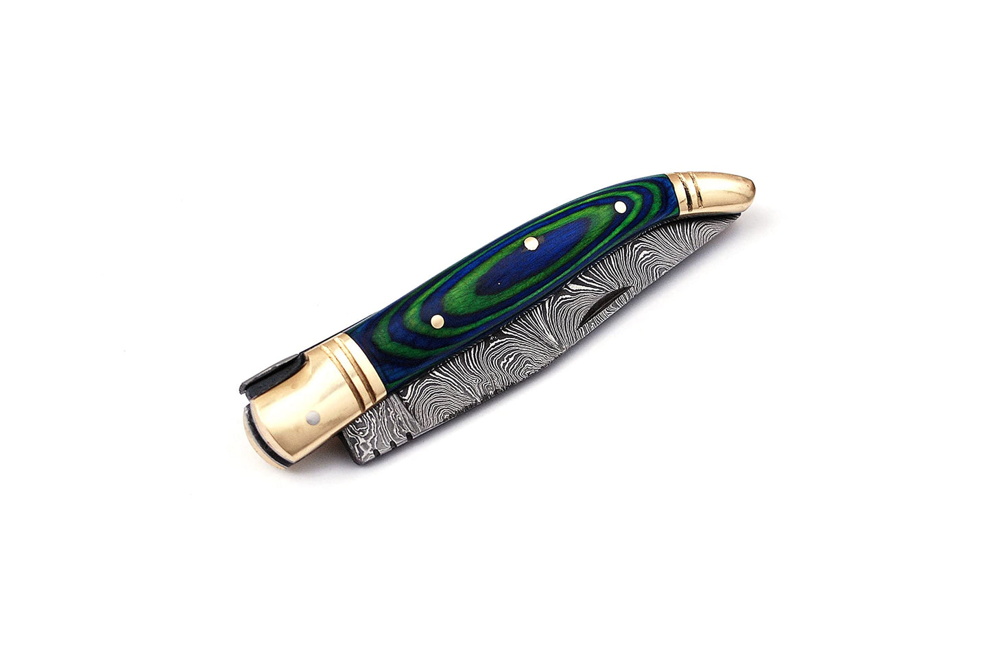 Damascus steel folding knife with leather sheath, 8.5 inches long laguiole pocket knife with 4 inches long Damascus steel Blade, 4.5 inches Blue multi colored wood scale with Brass bolster and pommel,
