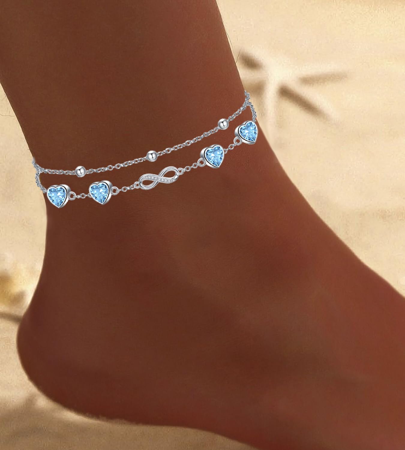 DAMOOR 925 Sterling Silver Infinity Heart Birthstone Anklet Bracelets for Women Layered Anklets Bracelets Birthday Jewelry for Her