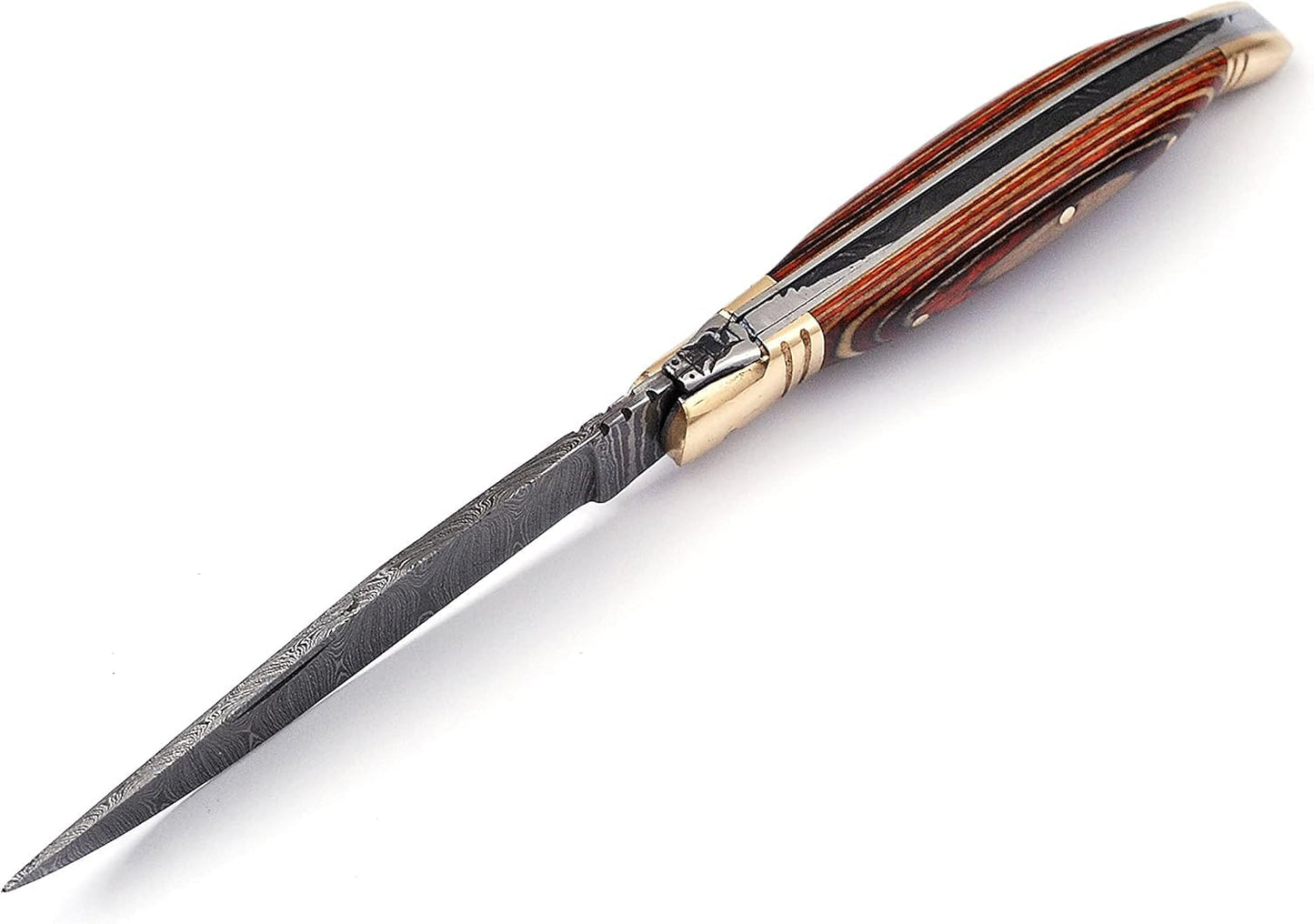Damascus steel folding knife with leather sheath, 8.5 inches long laguiole pocket knife with 4 inches long Damascus steel Blade, 4.5 inches Blue multi colored wood scale with Brass bolster and pommel,