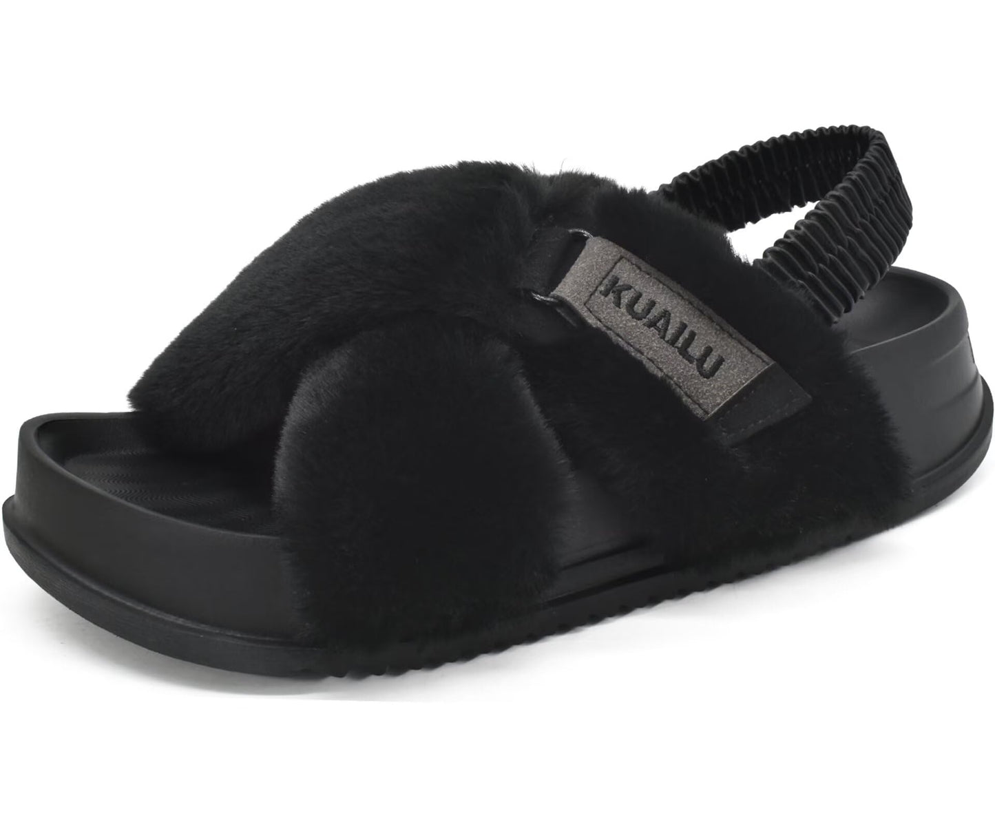 KuaiLu Womens Fuzzy Criss Cross Band Platform Slippers Arch Support Furry Faux Fur Ladies Open Toe Cozy Soft Plush Fleece Comfy House Shoes Sandals
