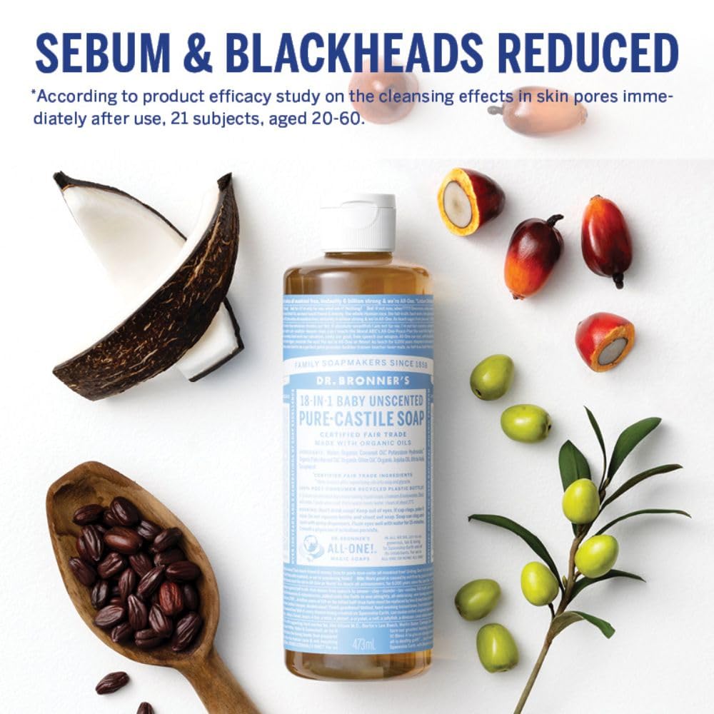 Dr. Bronner's Pure-Castile Magic Liquid Soap - Made with Regenerative Organic Certified Oils - 18-in-1 Uses for Face, Body, Hand Gentle on Baby & Sensitive Skin Body Wash Unscented,32oz