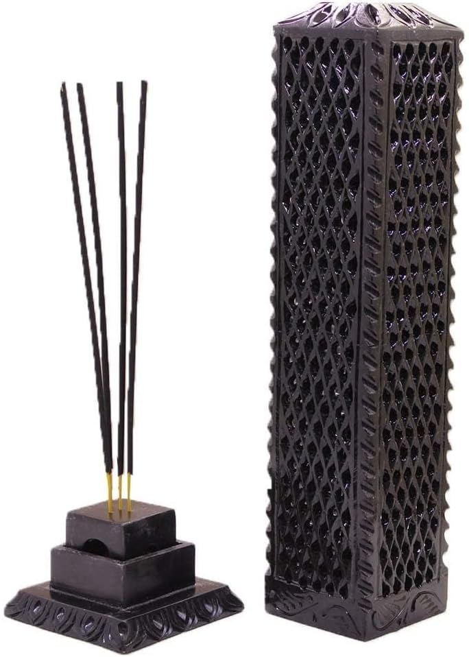 Handmade Black Soapstone Incense Stick Tower Holder | Marble Incense Stick Tower Burner Holder Spa Aromatherapy Home Office Fragrance Accessories Home Office Decor - (11 X 3 Inches)j