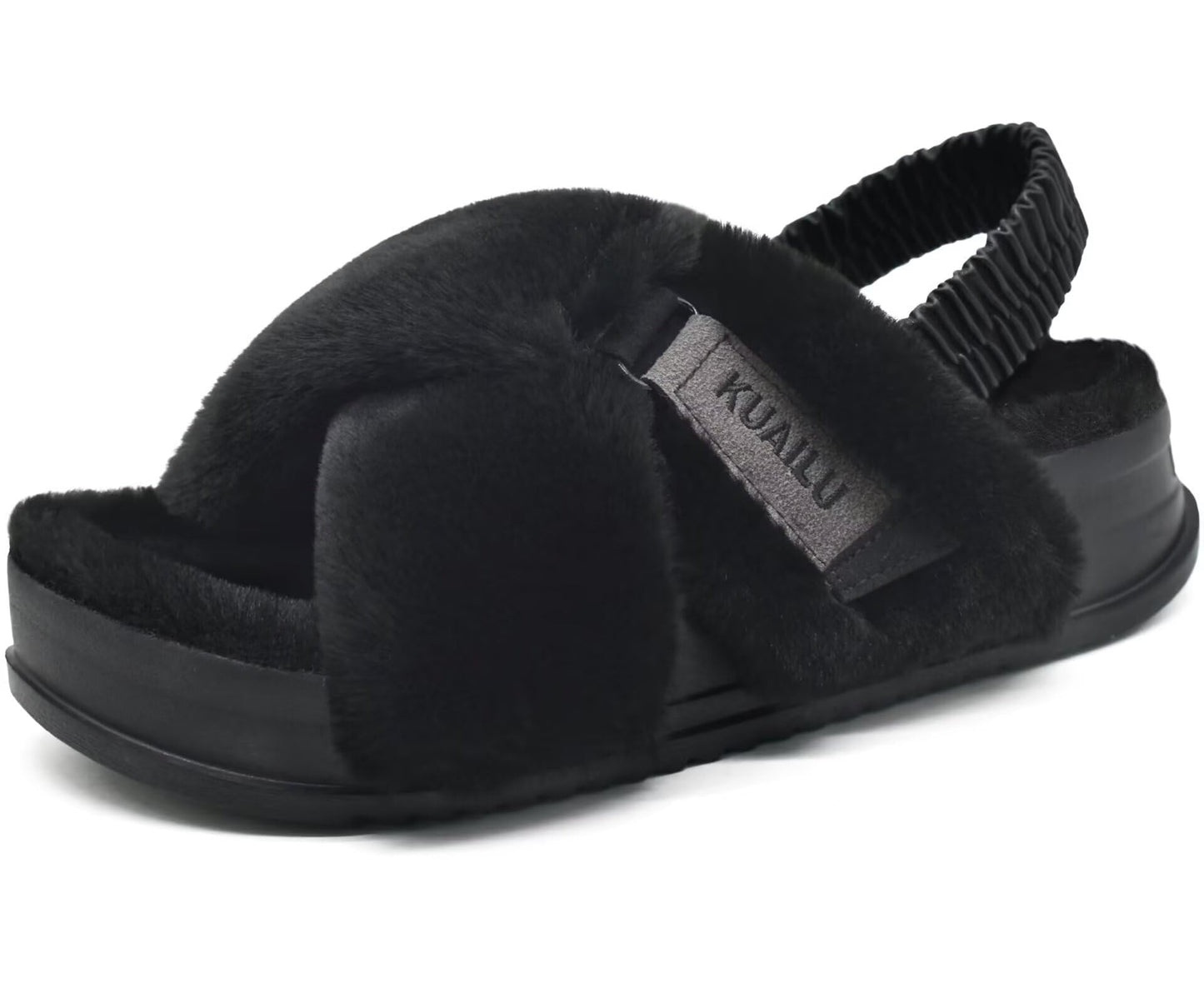 KuaiLu Womens Fuzzy Criss Cross Band Platform Slippers Arch Support Furry Faux Fur Ladies Open Toe Cozy Soft Plush Fleece Comfy House Shoes Sandals