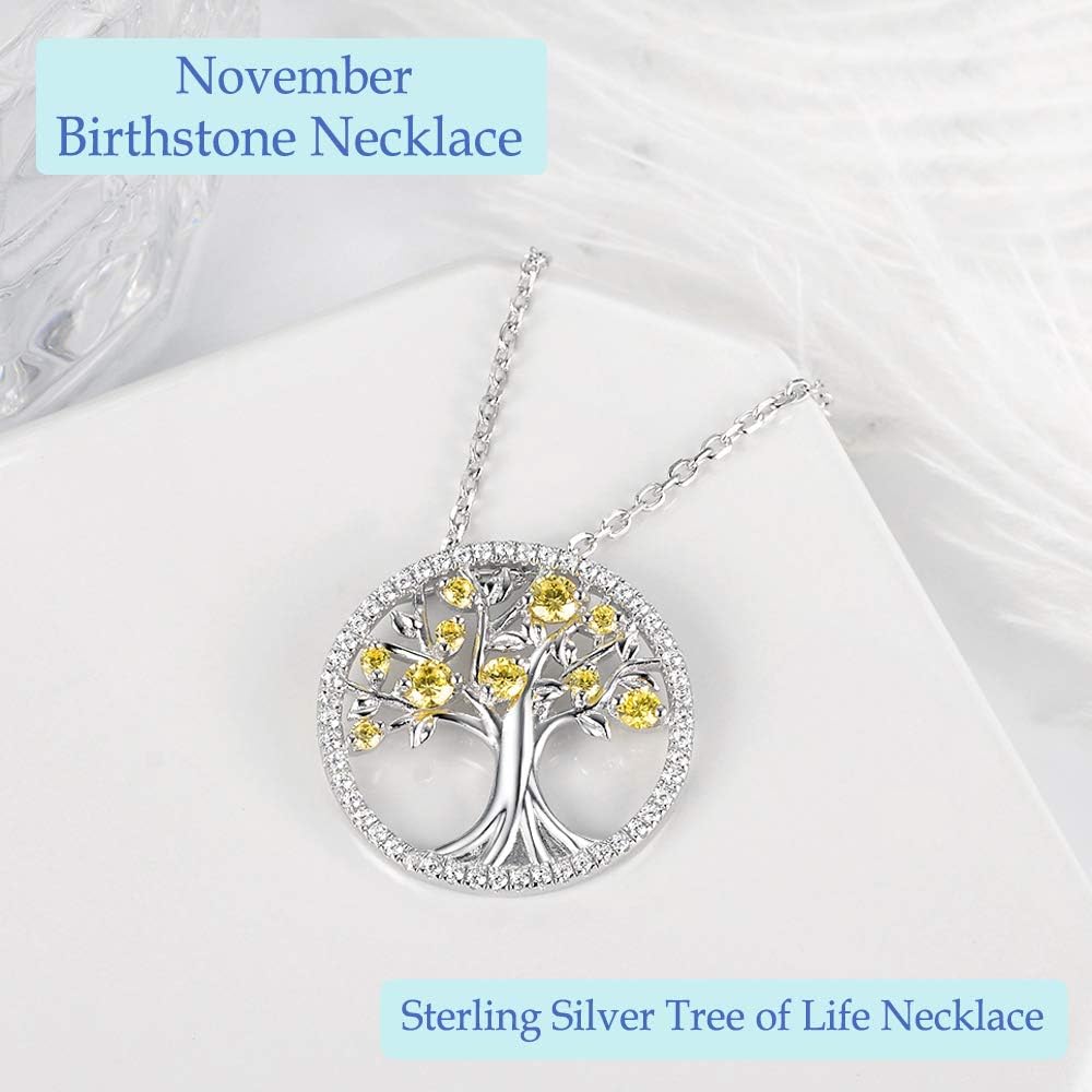 Tree of Life Necklace Birthday Gifts for Wife Mom January February Birthstones Necklace Garnet Amethyst and More Stones Jewelry 925 Sterling Silver