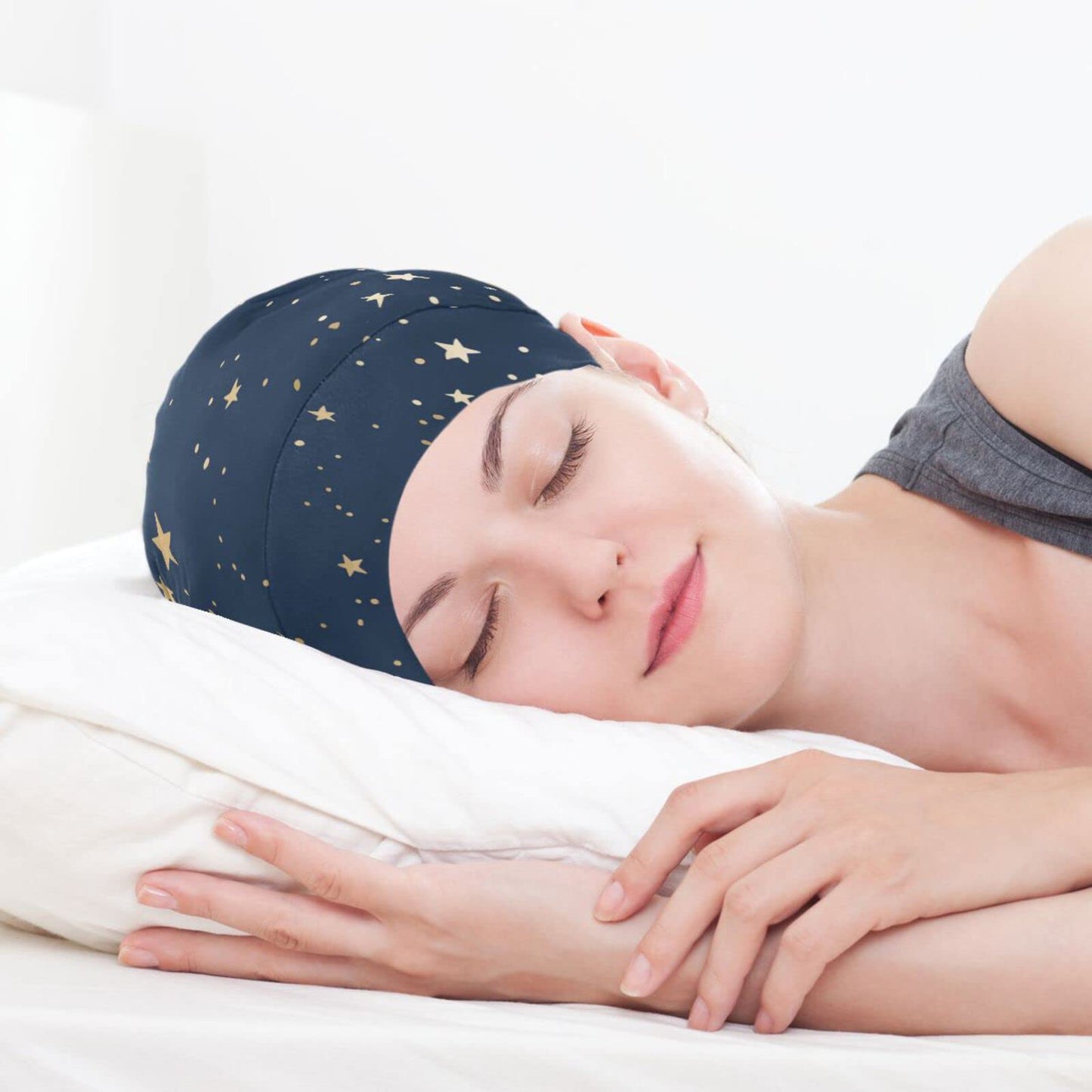 Satin Bonnet Lined Sleep Cap Hair Wrap Cover Slouchy Beanie for Curly Hair Protection for Gifts for Men Women Dark Blue Stars
