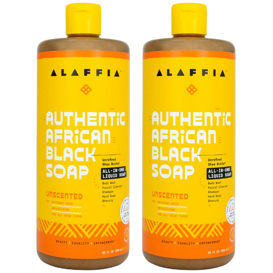 Alaffia Authentic African Black Soap, Eucalyptus Tea Tree, 2-Pack – All-in-One Moisturizing Cleanser for Face, Hands, Body & Hair, 32 Oz Ea