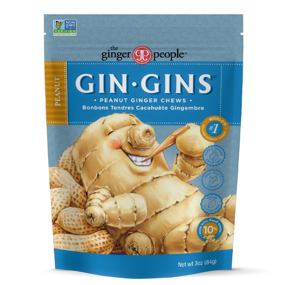 GIN GINS Ginger Chews – Natural Fresh Ginger Candy by The Ginger People – Individually Wrapped Healthy Candy – Original, Apple, Peanut and Turmeric Flavors – Variety Pack – 4 x 3oz bag each flavor (Pack of 4 bags)