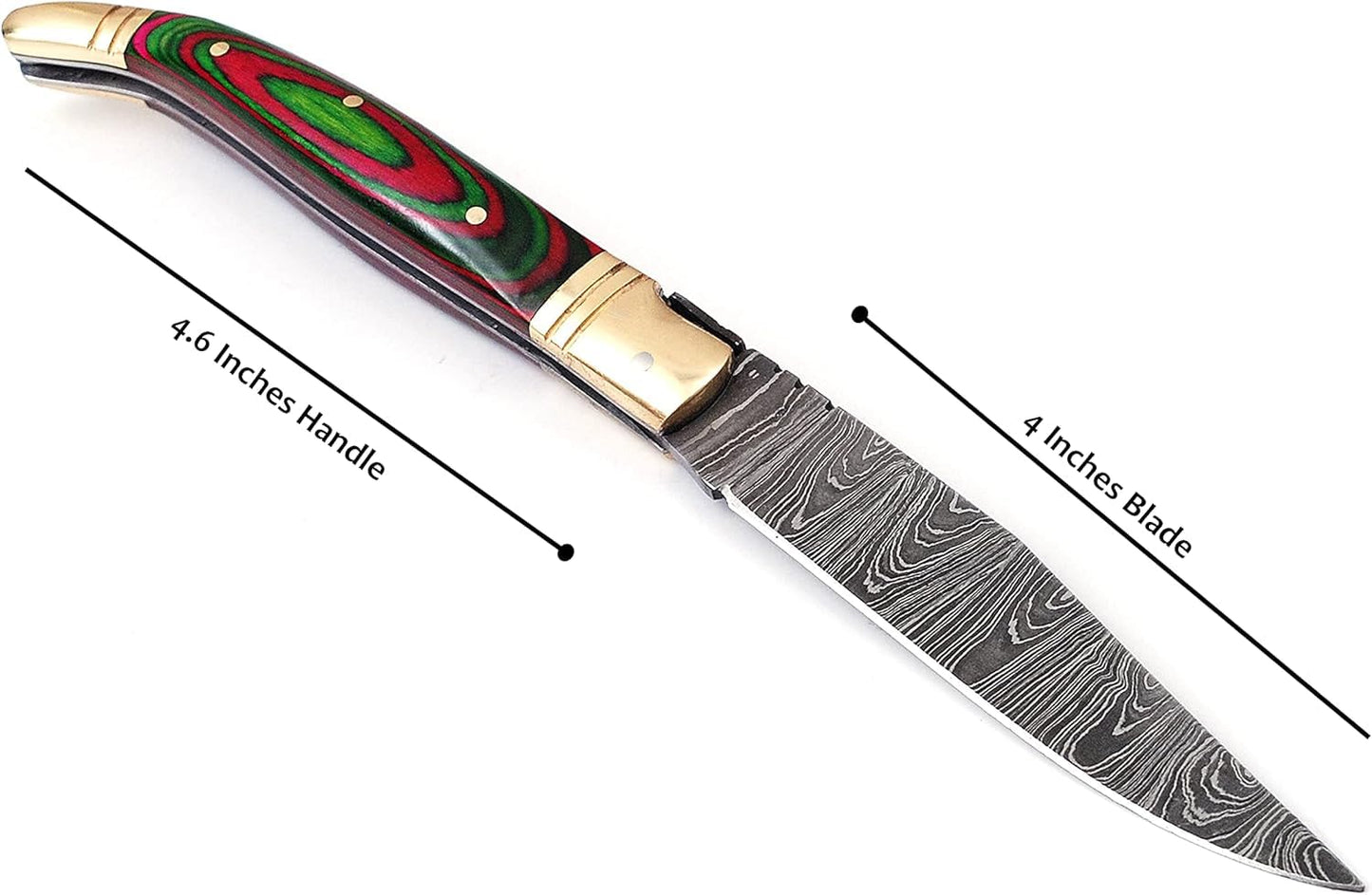 Damascus steel folding knife with leather sheath, 8.5 inches long laguiole pocket knife with 4 inches long Damascus steel Blade, 4.5 inches Blue multi colored wood scale with Brass bolster and pommel,
