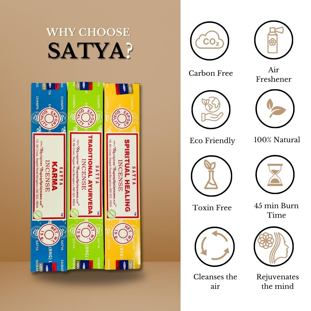 Satya Premium Mix Assorted Incense Sticks Set of 12 Pack | for Meditation, Aromatherapy, Healing, Yoga, Positivity and Relaxation | 180 Sticks (12Packs X 15Sticks)