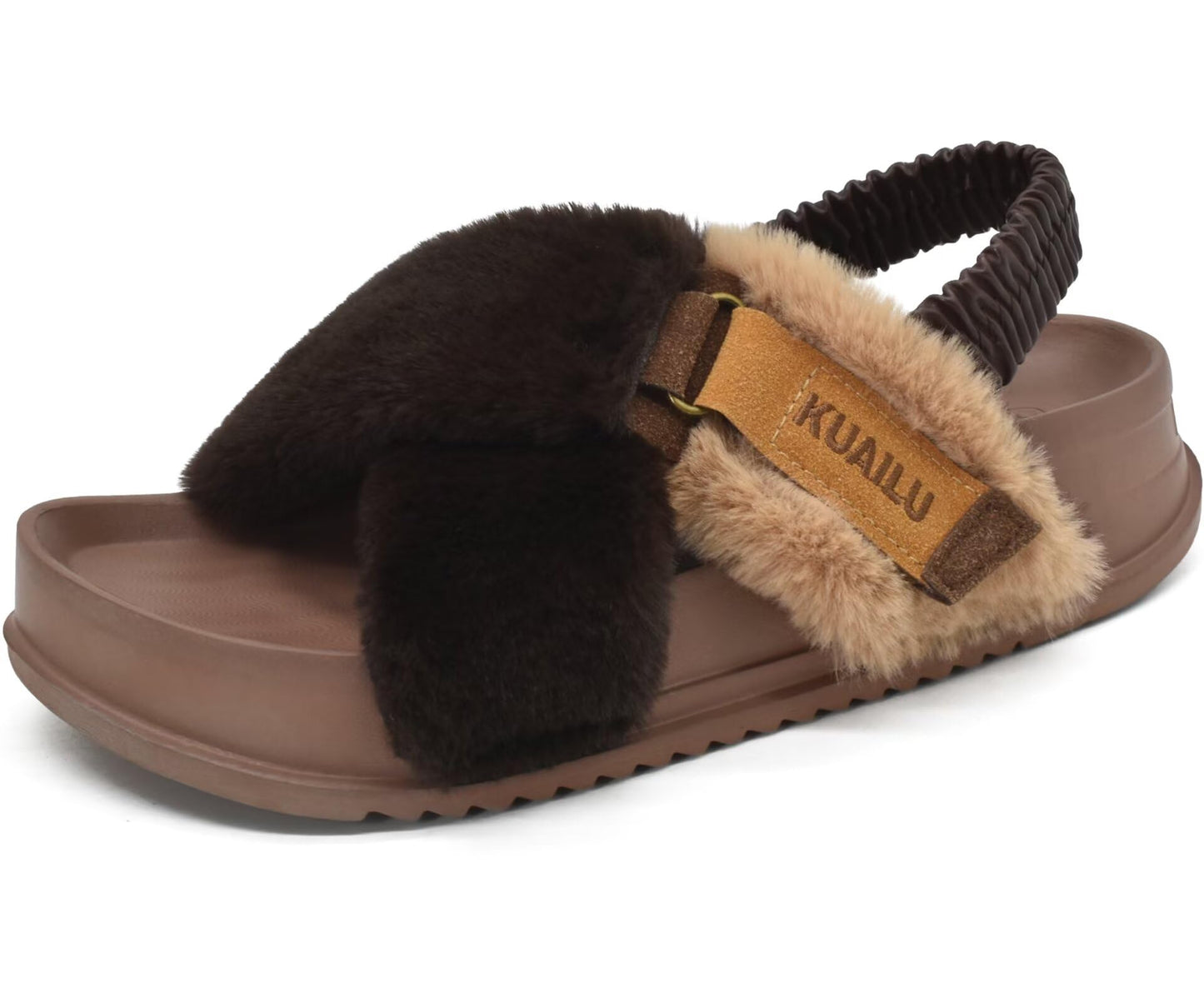 KuaiLu Womens Fuzzy Criss Cross Band Platform Slippers Arch Support Furry Faux Fur Ladies Open Toe Cozy Soft Plush Fleece Comfy House Shoes Sandals