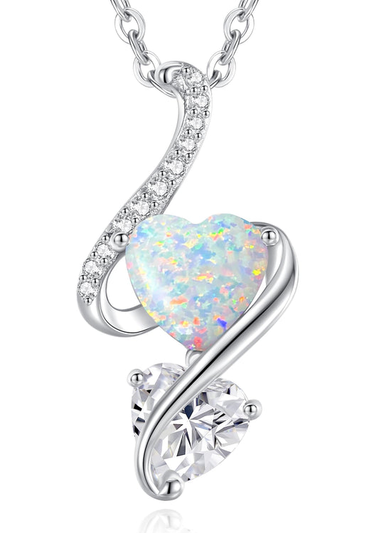 LOUISA SECRET 925 Sterling Silver Opal Birthstone Necklace, Unique Tiny Double Heart Pendant Jewelry, Engraved with "S925 I Love You" Best Birthday Gift for Women Wife Girlfriend Mom Her, Christmas Day Valentine's Day Anniversary Mother's Day