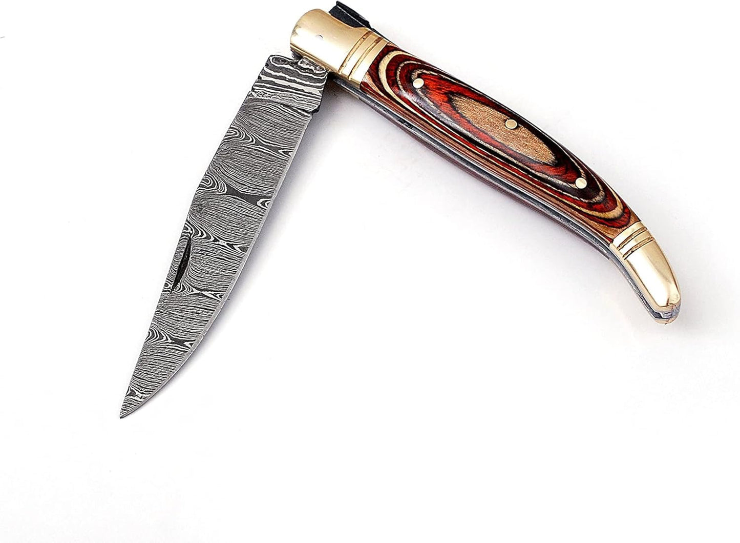 Damascus steel folding knife with leather sheath, 8.5 inches long laguiole pocket knife with 4 inches long Damascus steel Blade, 4.5 inches Blue multi colored wood scale with Brass bolster and pommel,
