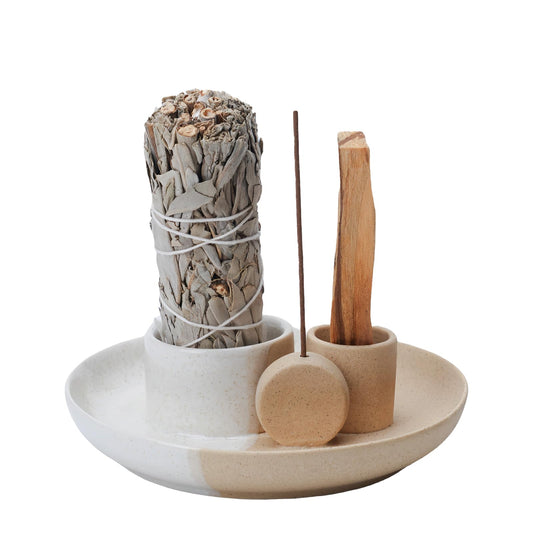 4 in 1 Incense Holder, Ceramic Incense Stick and Palo Santo Holder,Sage Holder for Burning- 5.5" Ceramic Ash Catcher Tray for Meditation and Yoga Room (White)