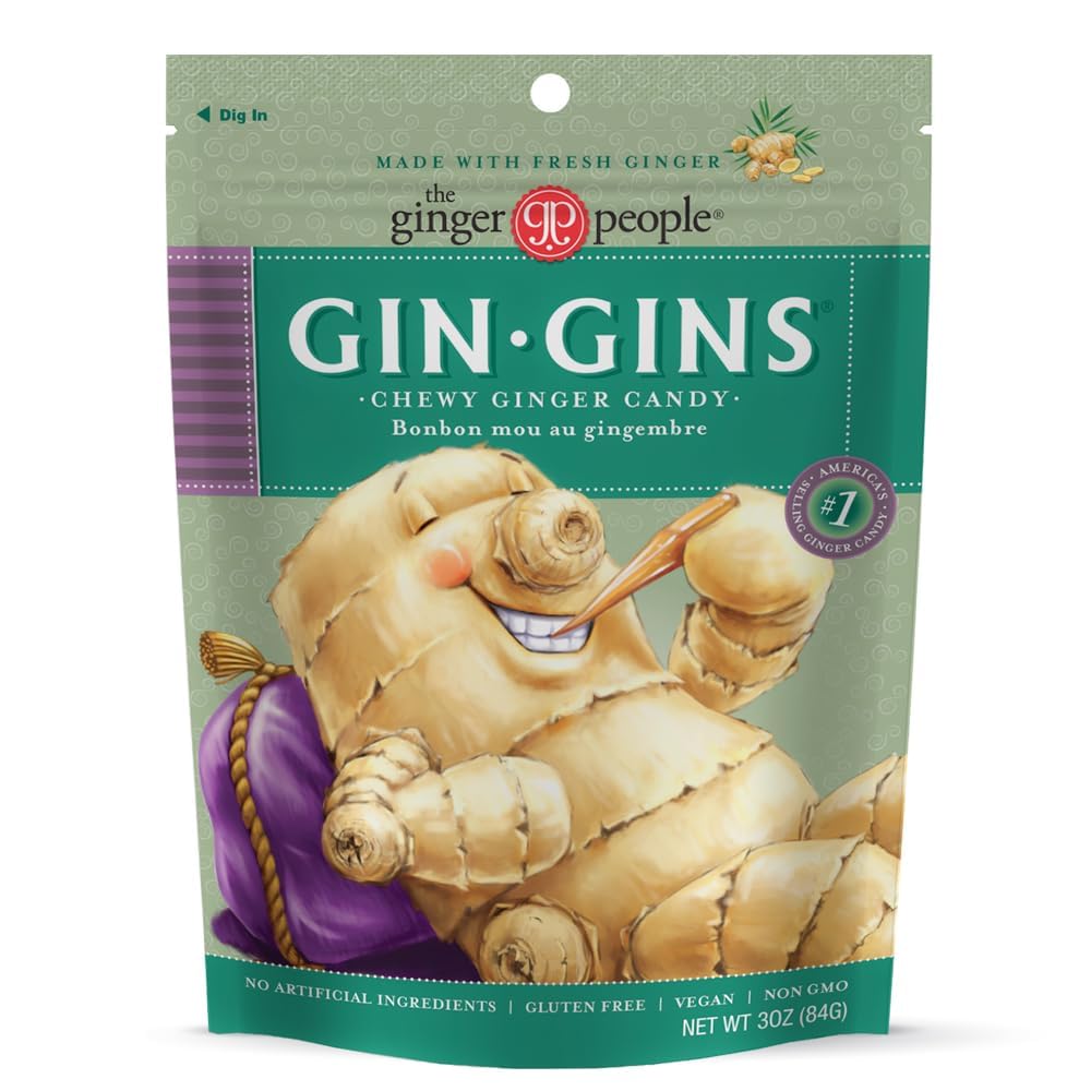 GIN GINS Ginger Chews – Natural Fresh Ginger Candy by The Ginger People – Individually Wrapped Healthy Candy – Original, Apple, Peanut and Turmeric Flavors – Variety Pack – 4 x 3oz bag each flavor (Pack of 4 bags)