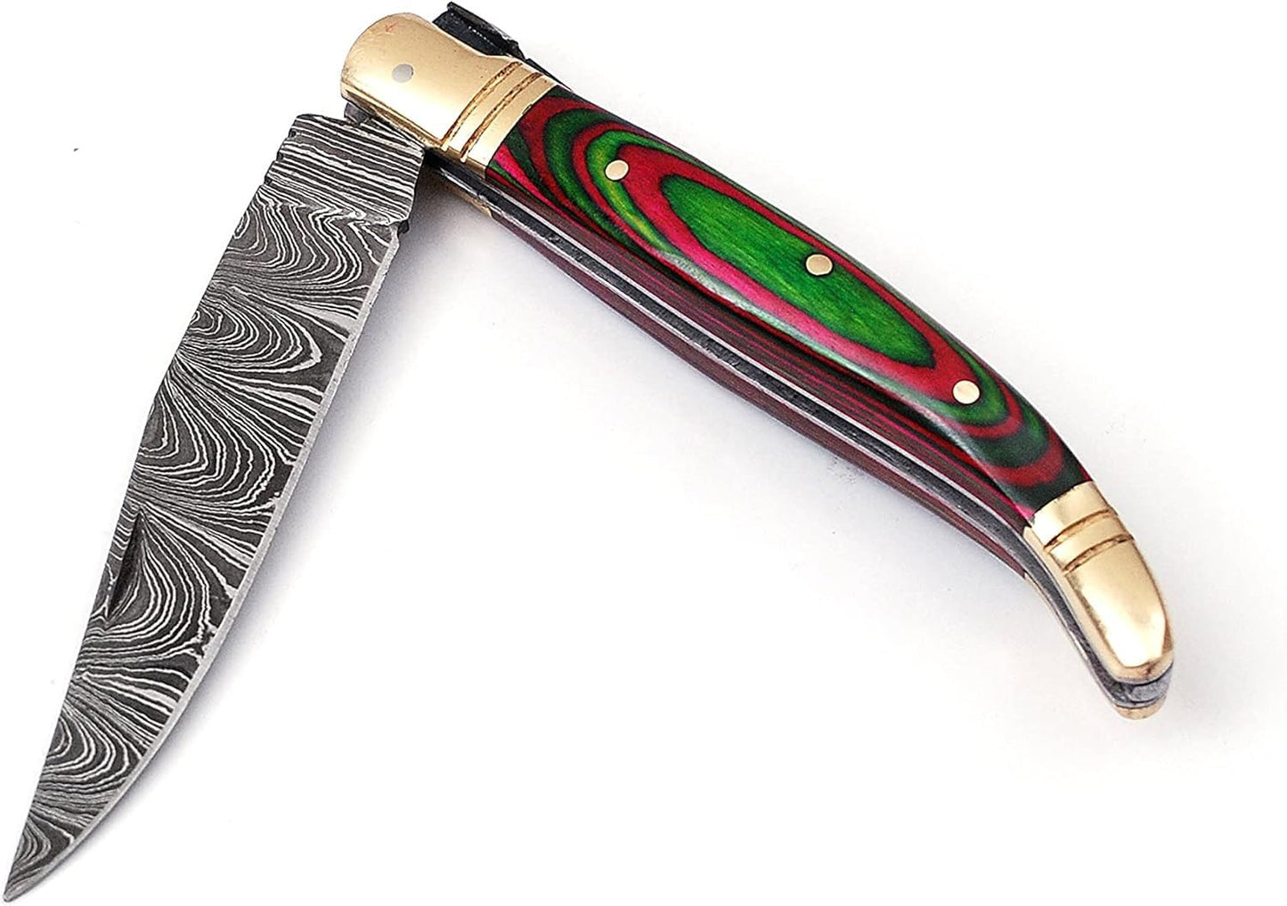 Damascus steel folding knife with leather sheath, 8.5 inches long laguiole pocket knife with 4 inches long Damascus steel Blade, 4.5 inches Blue multi colored wood scale with Brass bolster and pommel,